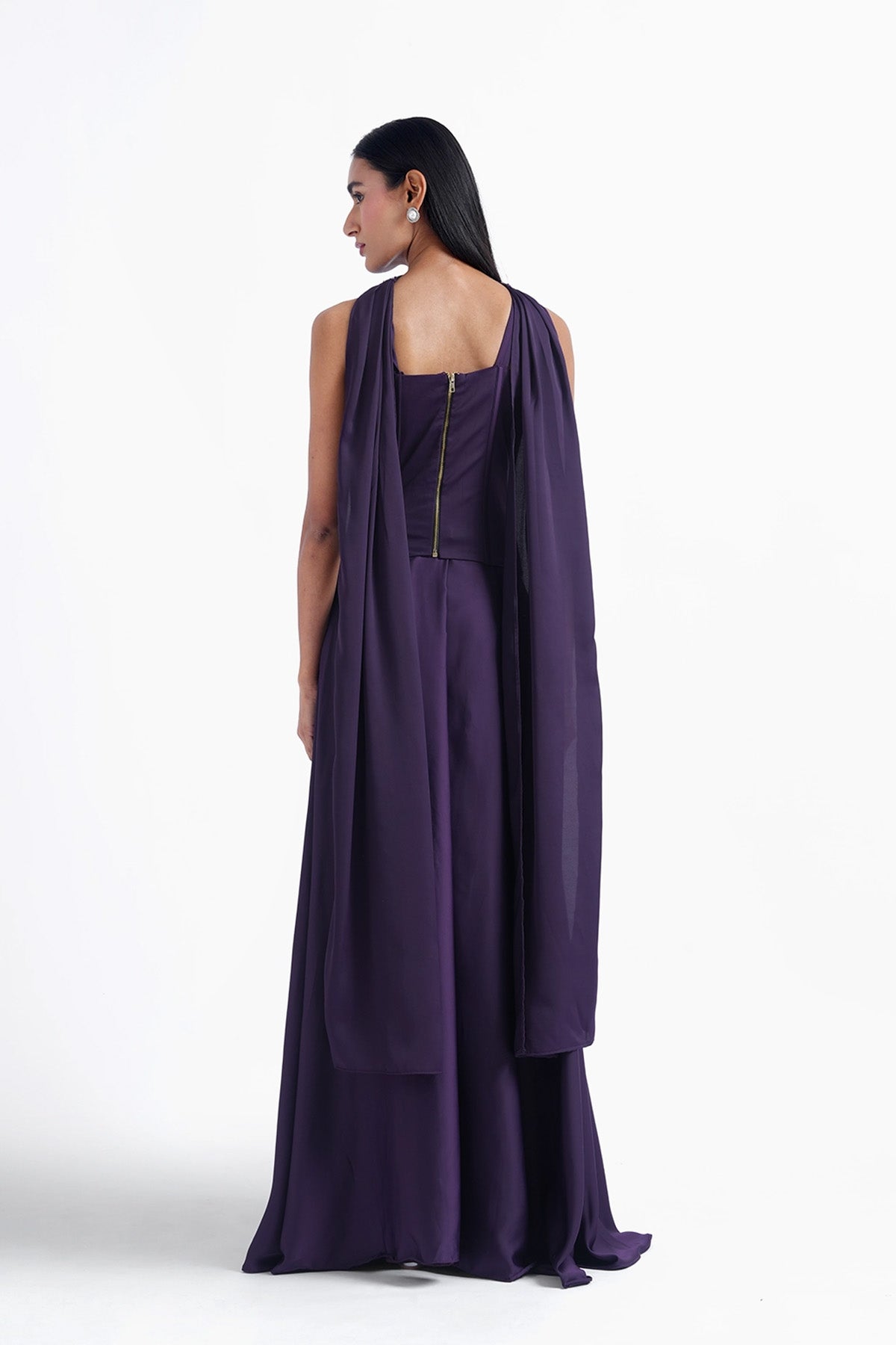 violet satin long corset blouse with skirt and choker dupatta set