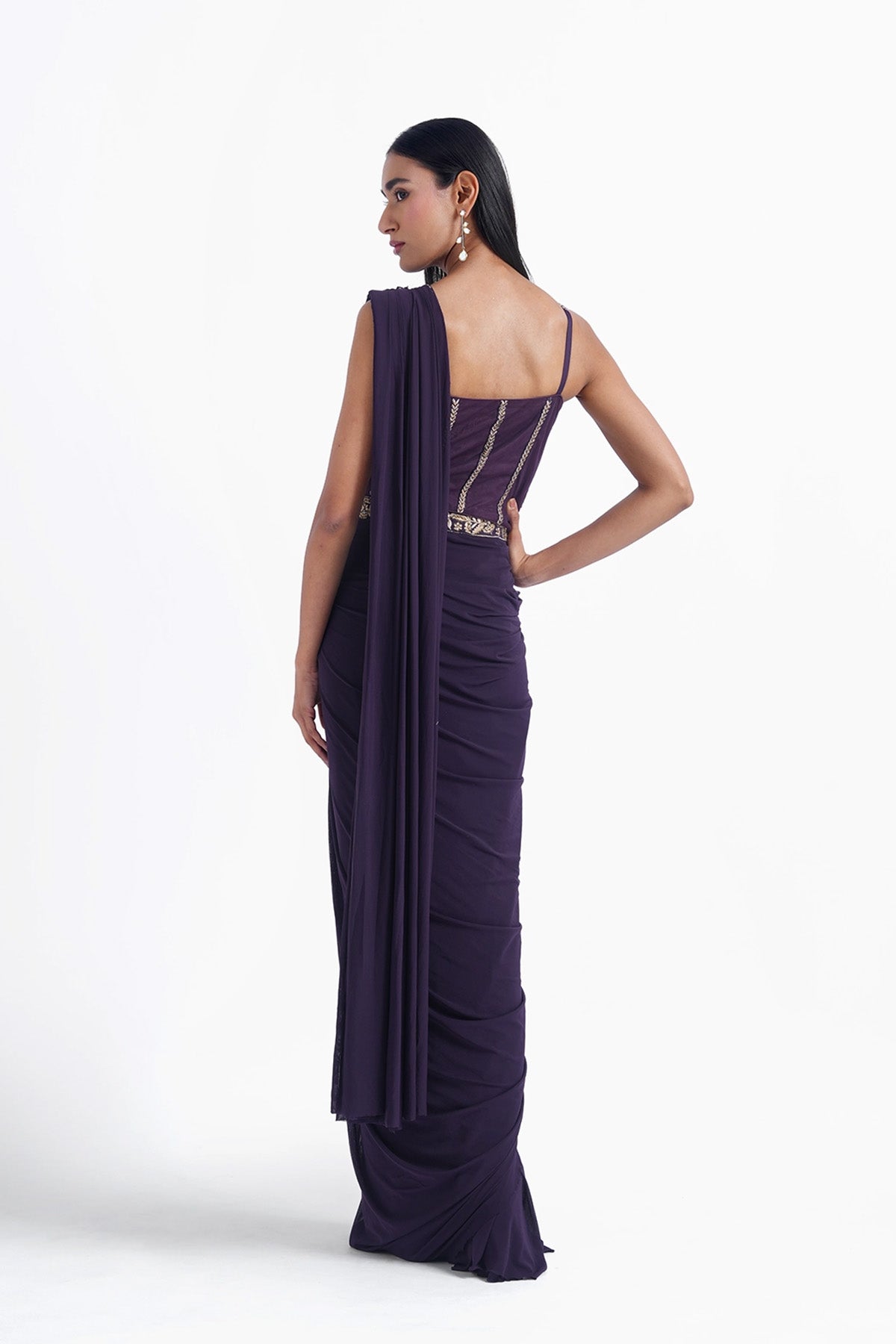 Violet ready-to-wear saree with long bustier blouse set
