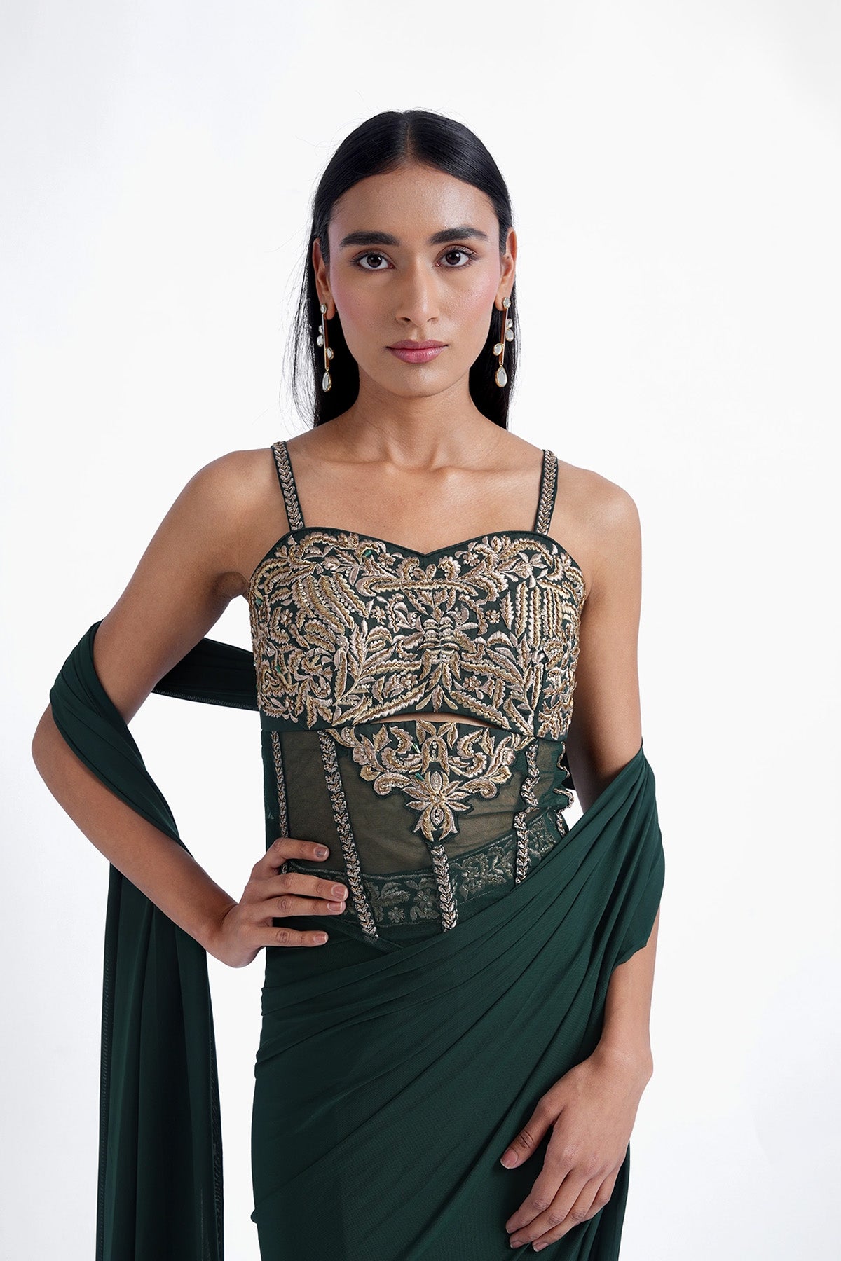 Bottle green ready-to-wear saree with long bustier blouse set