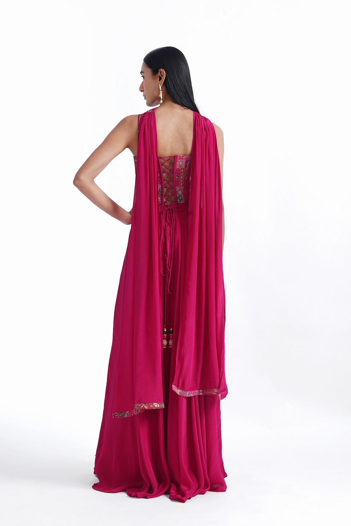 rani pink banarasi brocade corset top with palazzo and choker dupatta set