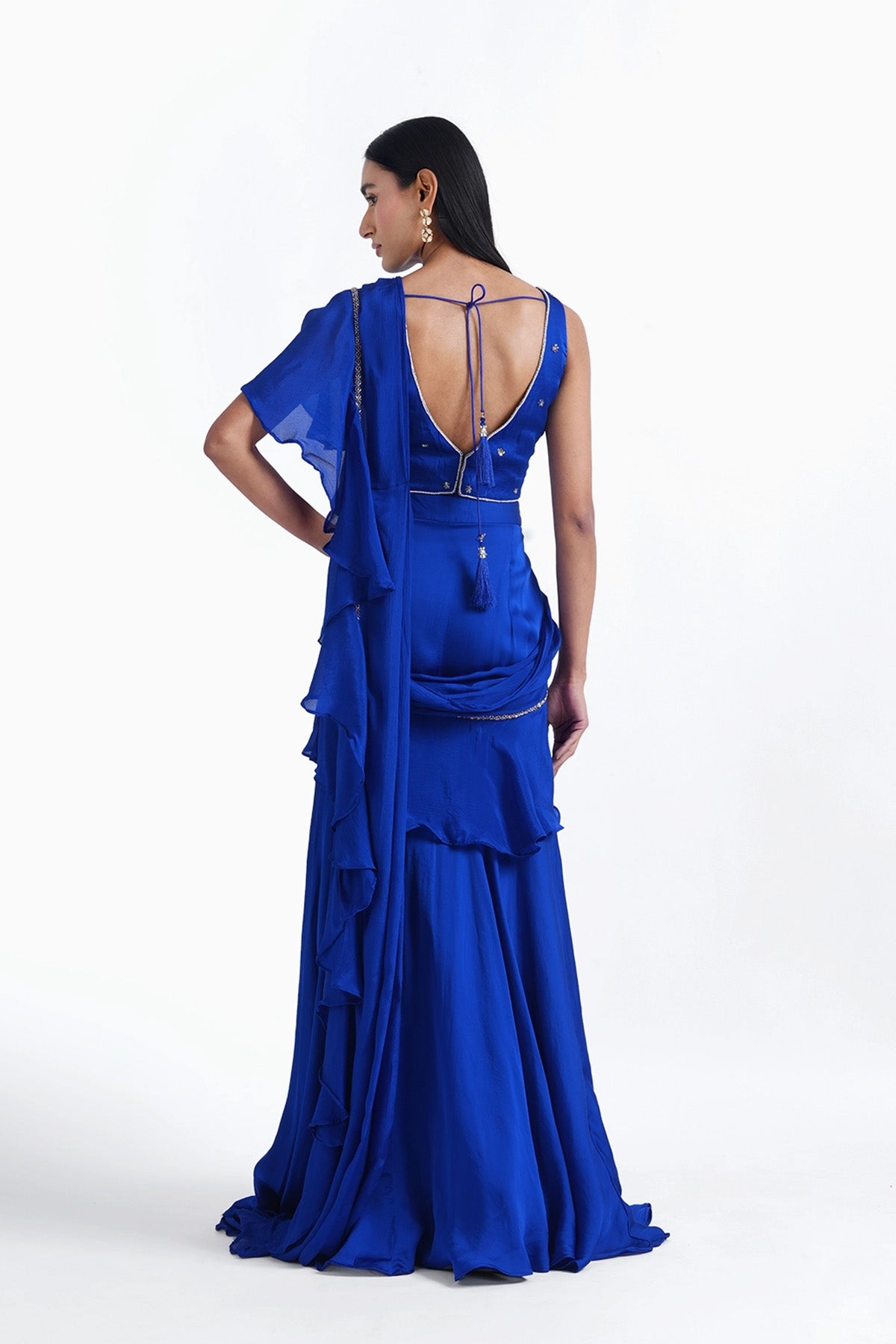 Electric blue fishcut saree with ruffle and top set