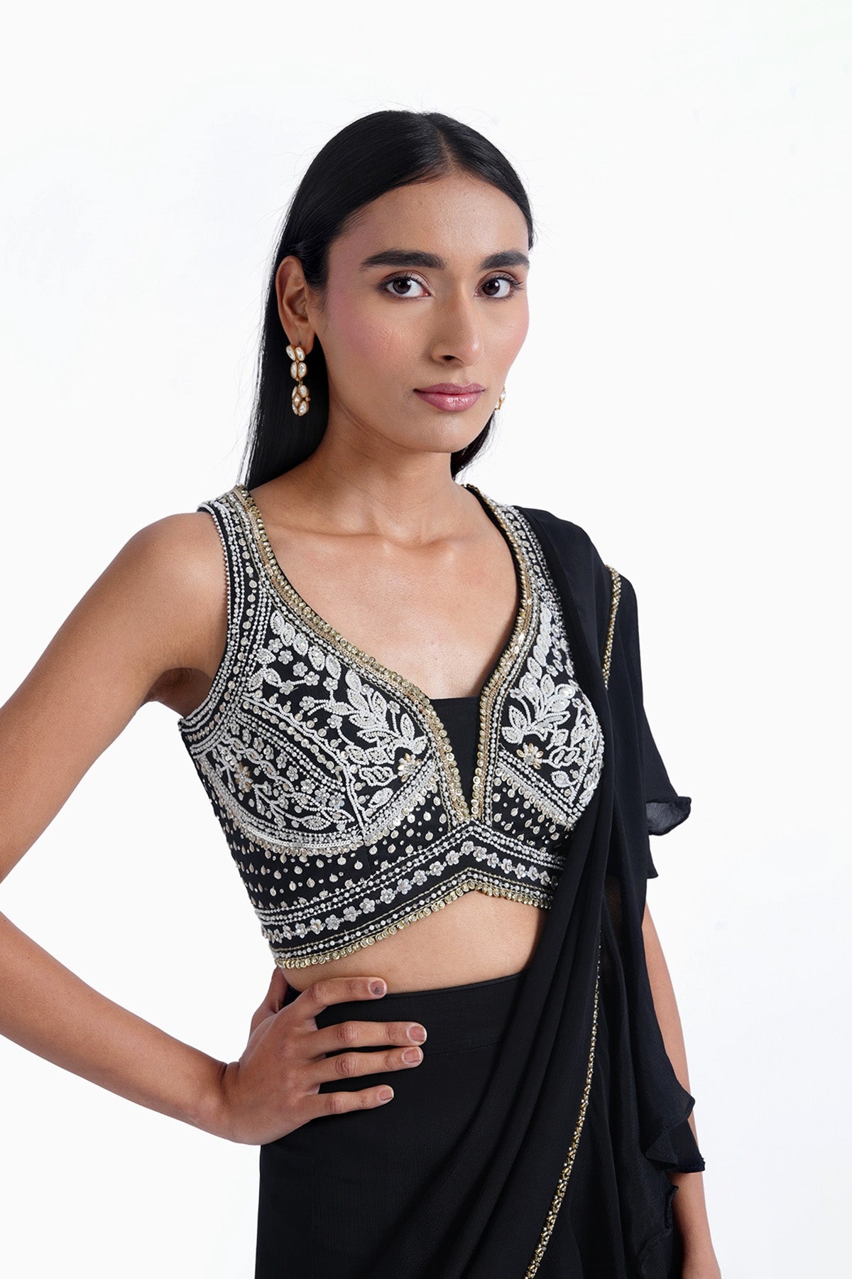 Black fishcut saree with ruffle and top set