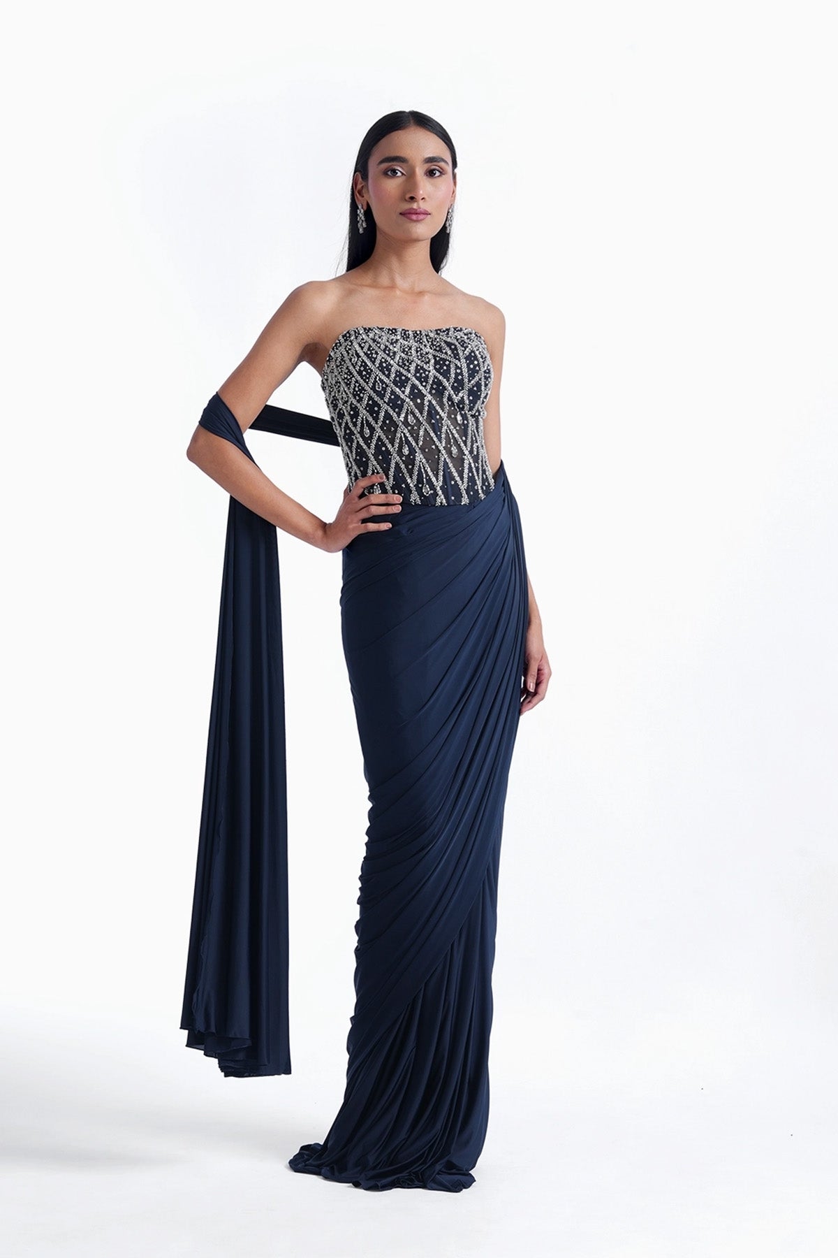 navy blue corset tube top with ready-to-wear saree in lycra set