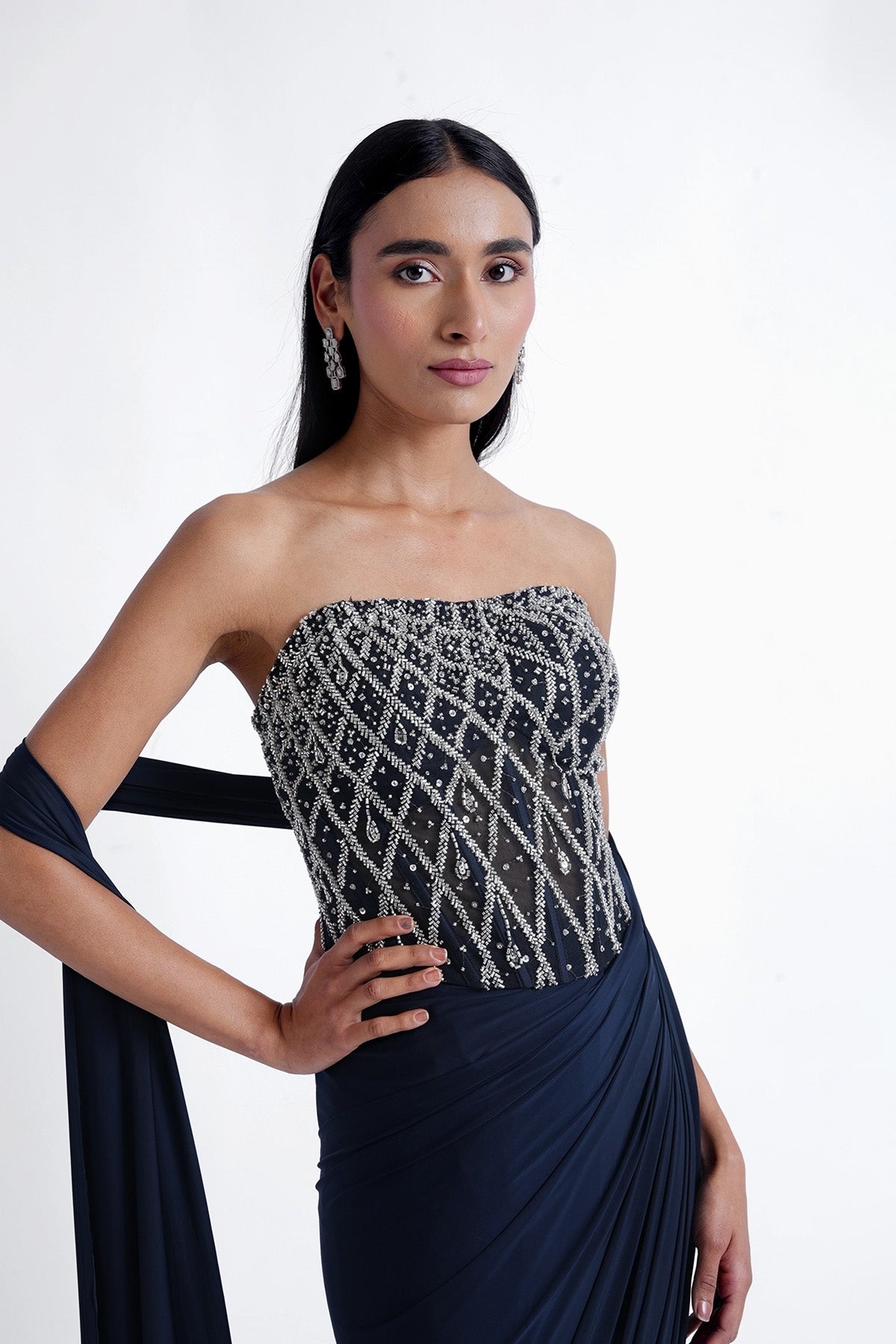 navy blue corset tube top with ready-to-wear saree in lycra set