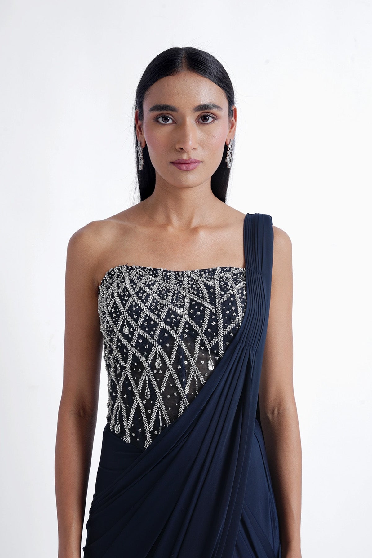navy blue corset tube top with ready-to-wear saree in lycra set