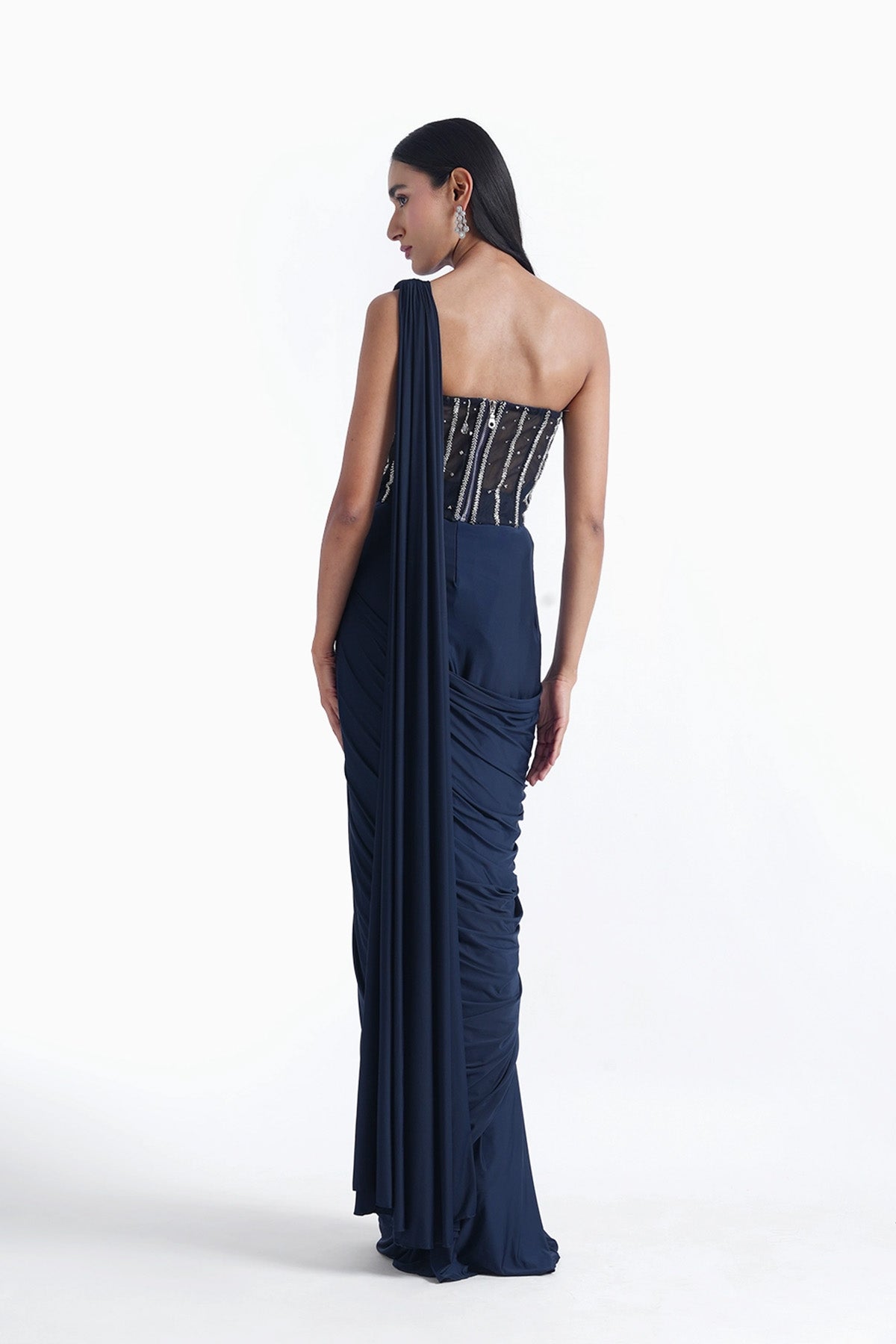 navy blue corset tube top with ready-to-wear saree in lycra set