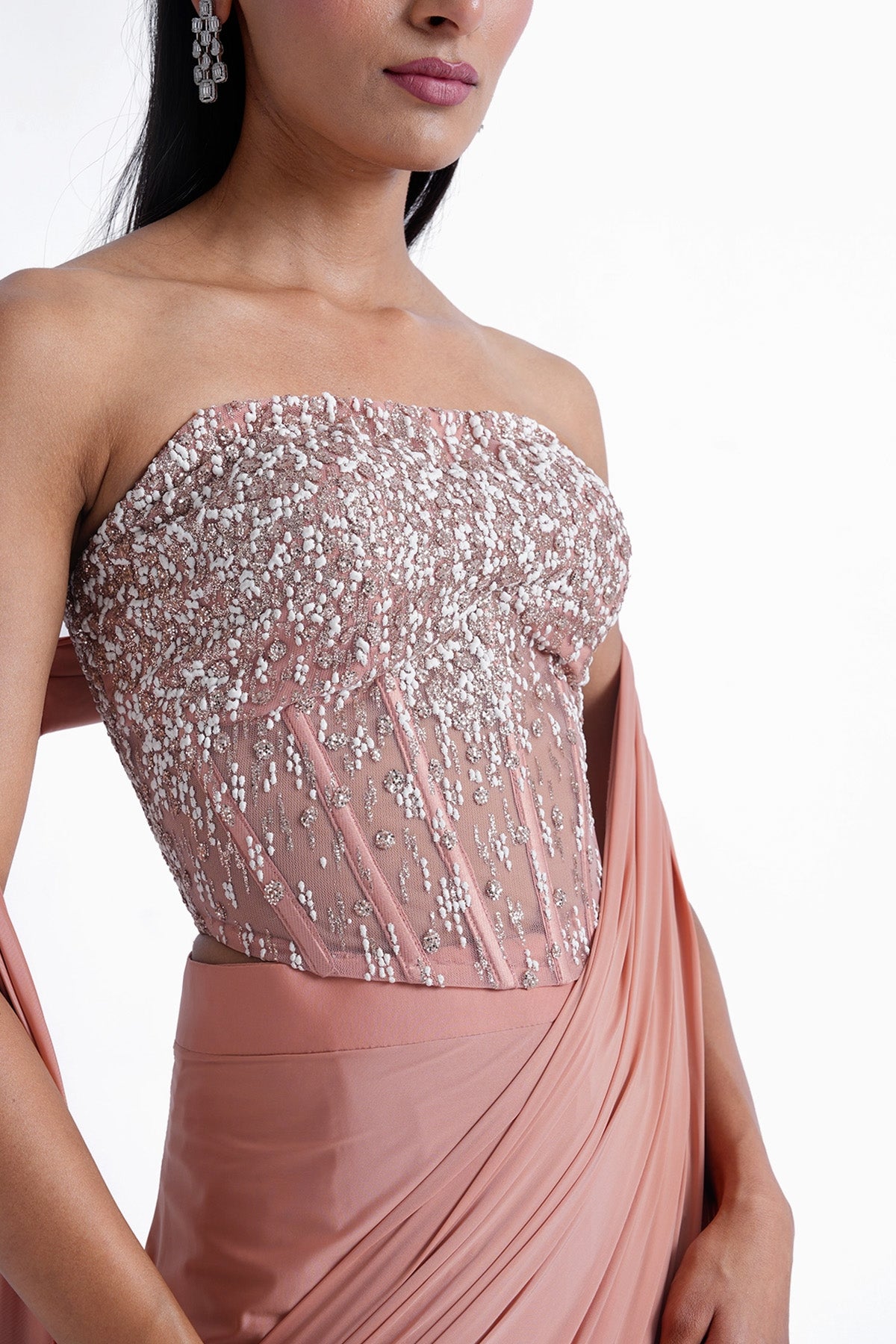 peach corset tube top with ready-to-wear saree in lycra set