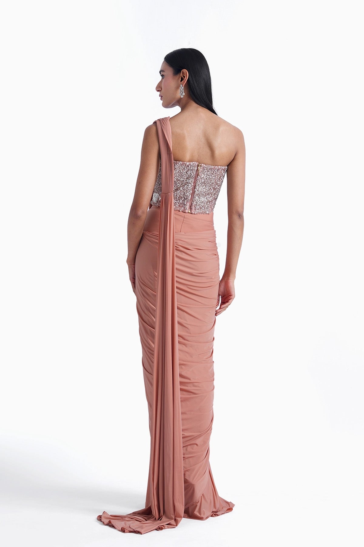 peach corset tube top with ready-to-wear saree in lycra set