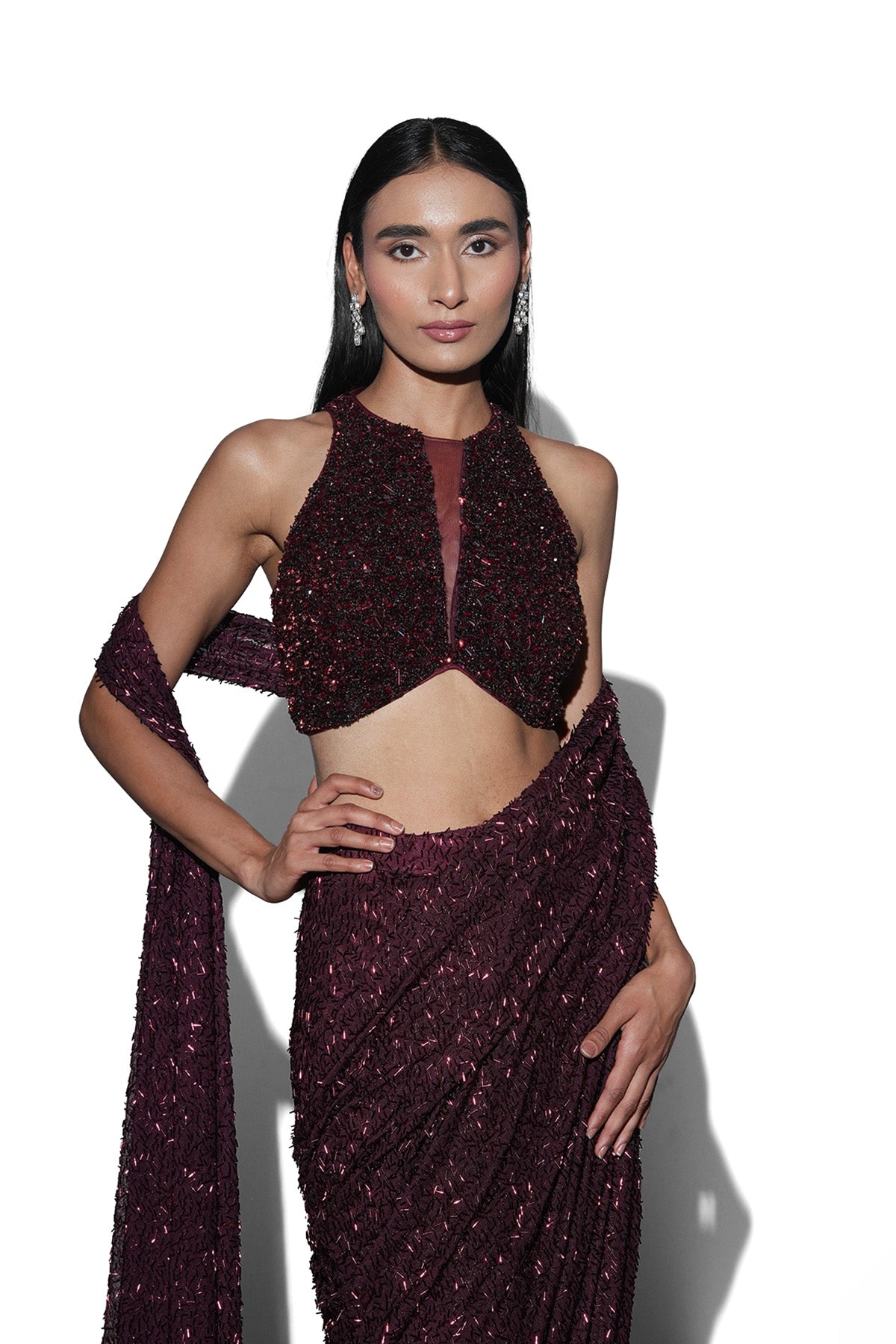 Burgundy pre-draped saree set