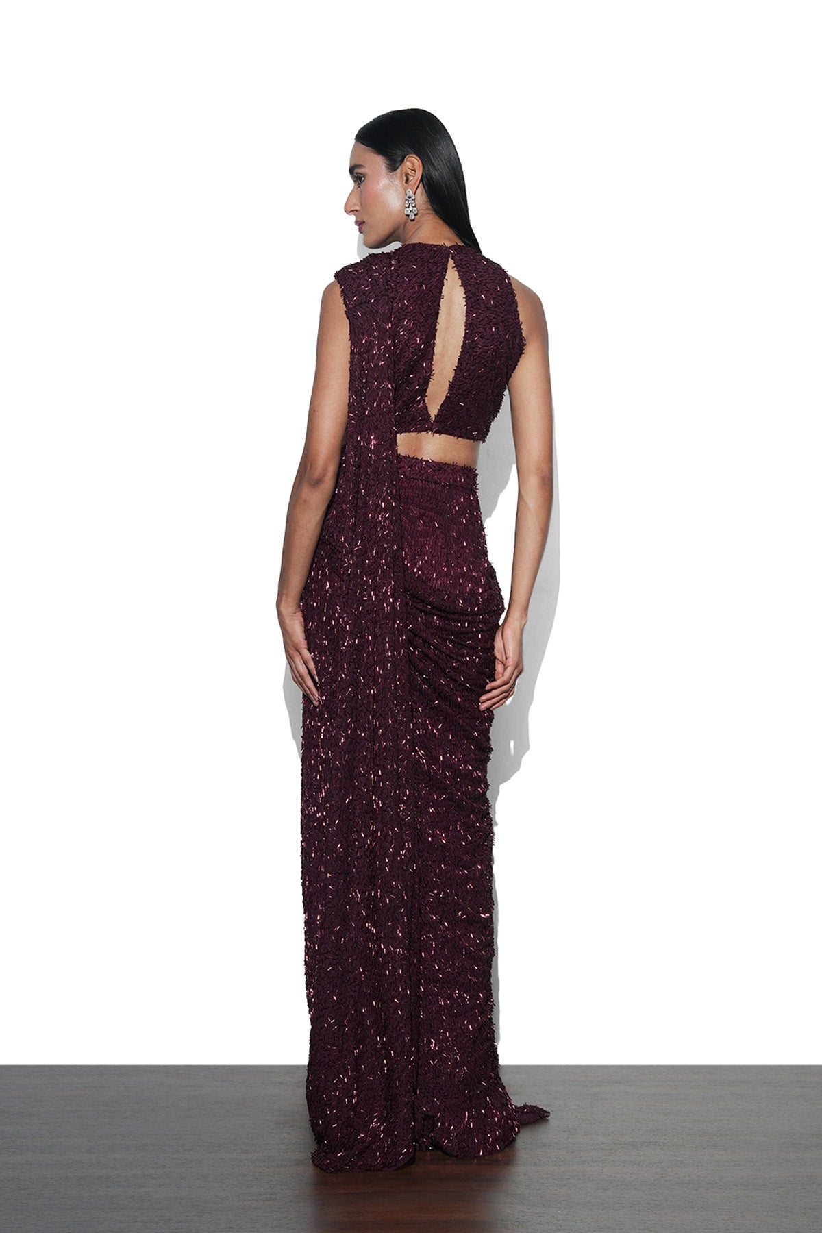 Burgundy pre-draped saree set