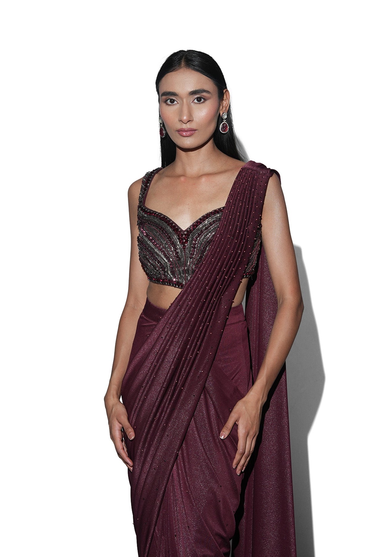 Wine pre-draped saree set in shiny lycra