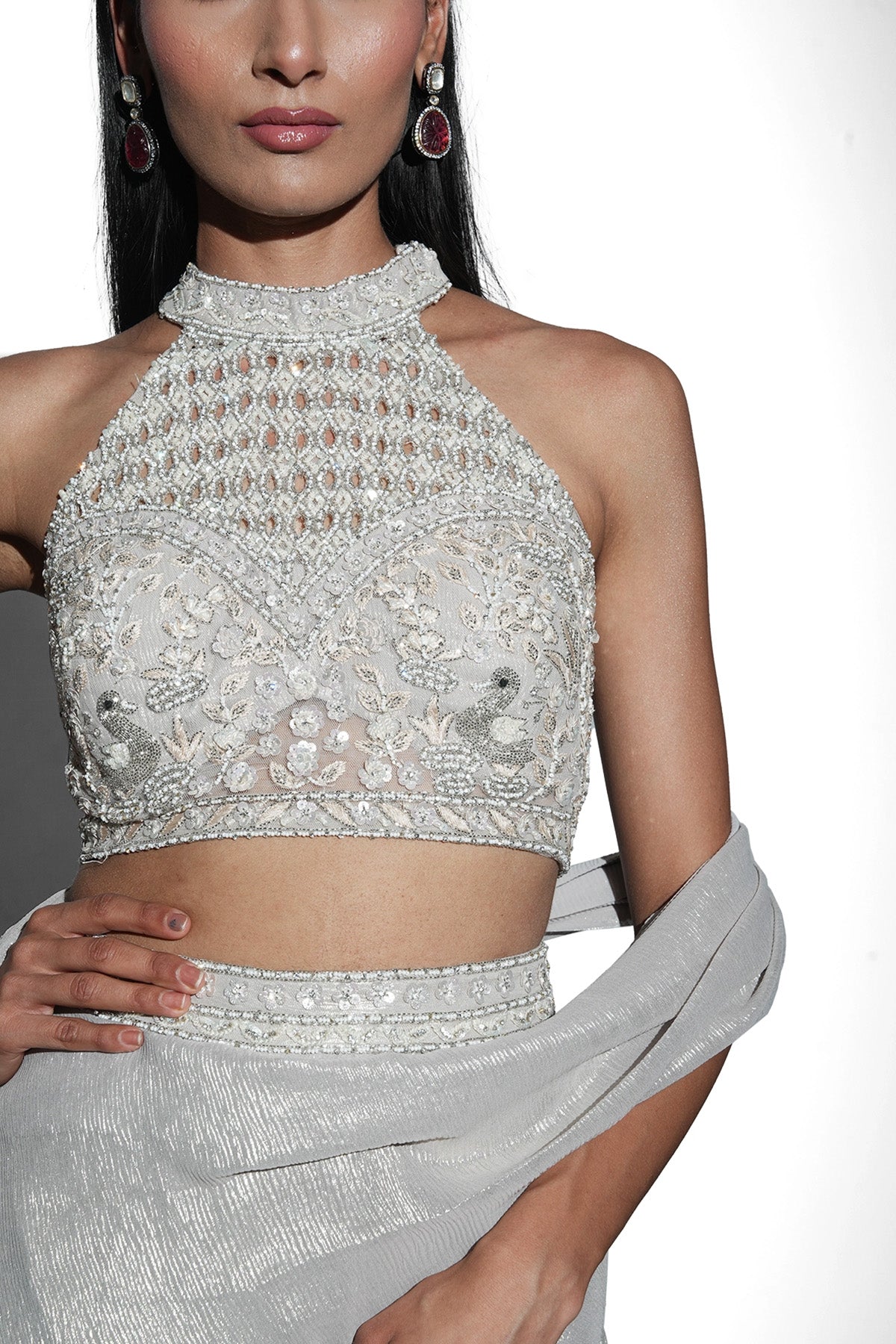 ivory gold pre-draped saree with halter neck blouse