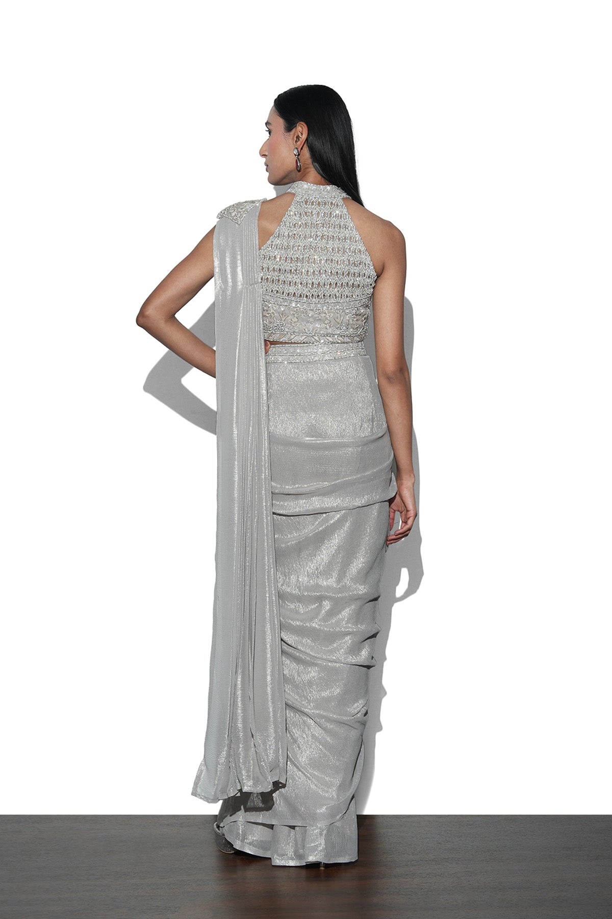 ivory gold pre-draped saree with halter neck blouse