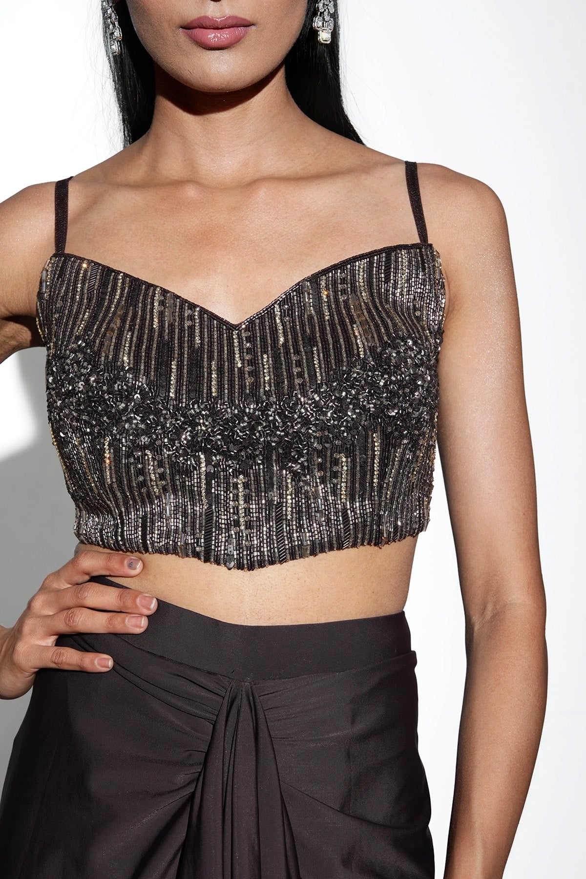 brown draped skirt with power shoulder cape and top set