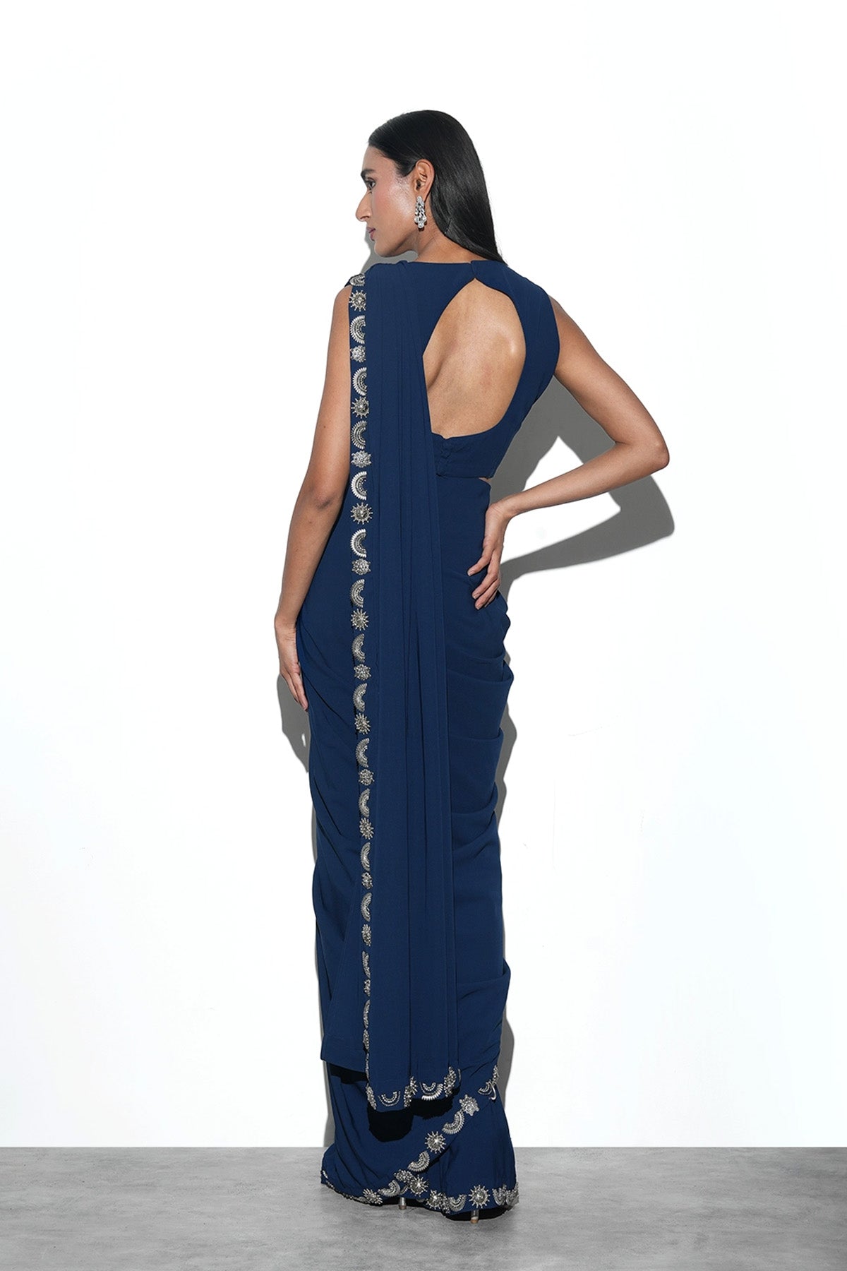 cobalt blue pre-draped saree set with bejeweled gunmetal oxidised blouse