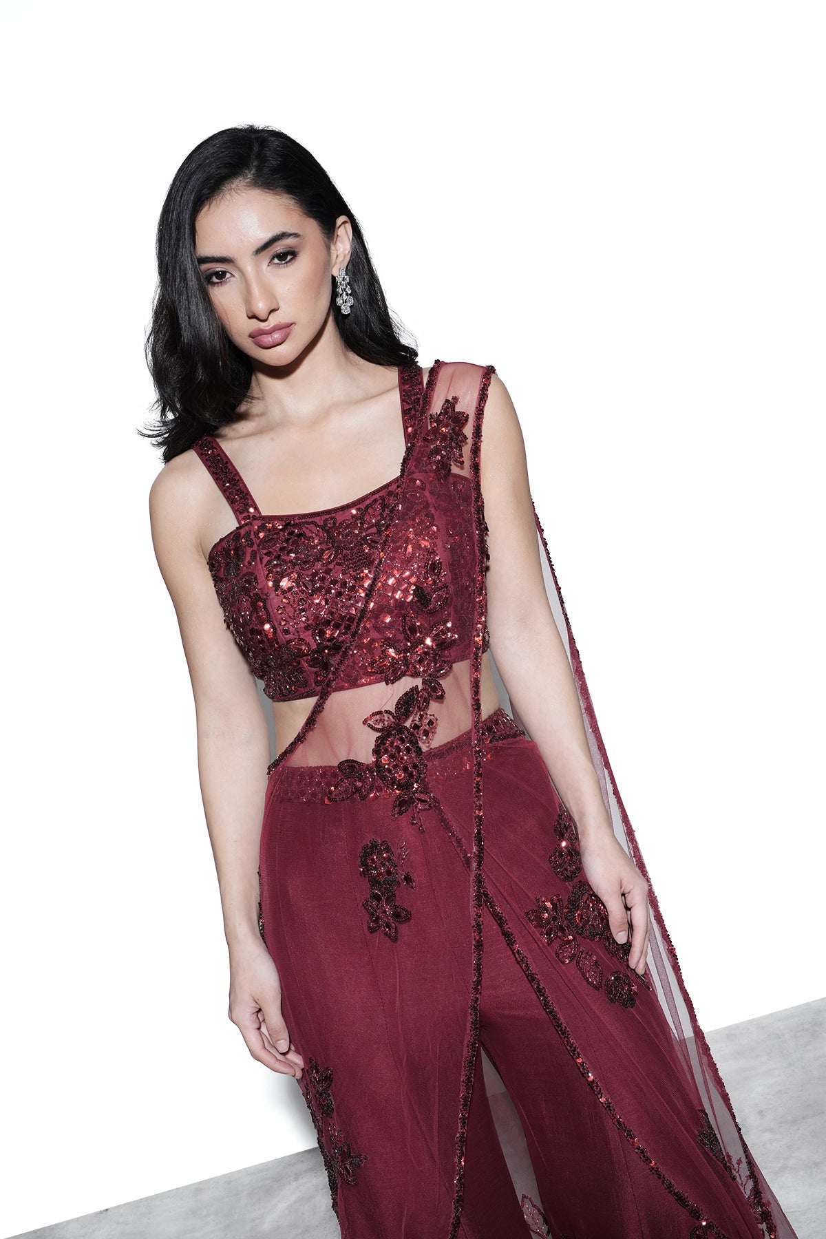 Crimson red palazzo saree set