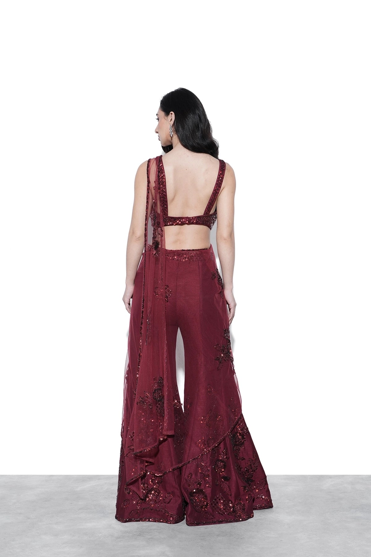 Crimson red palazzo saree set