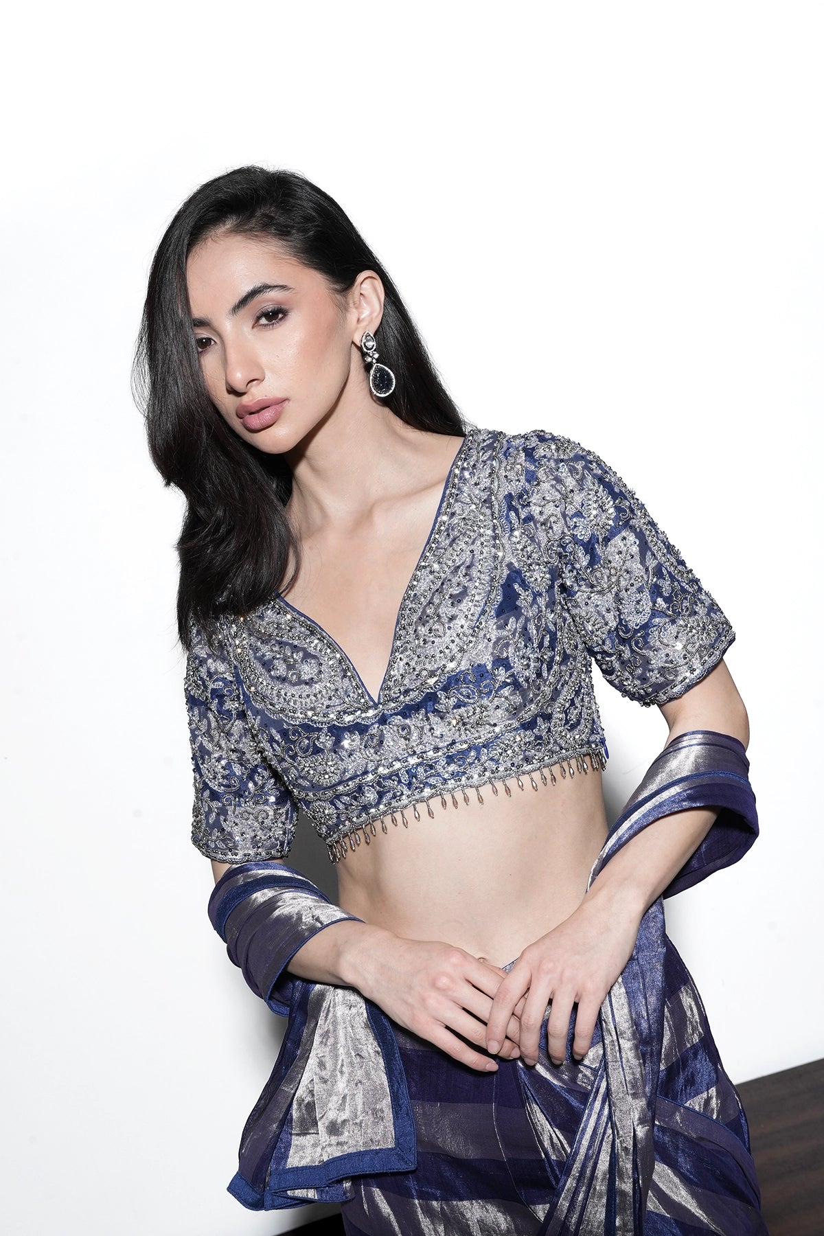 navy blue and silver pre-draped saree set in tissue