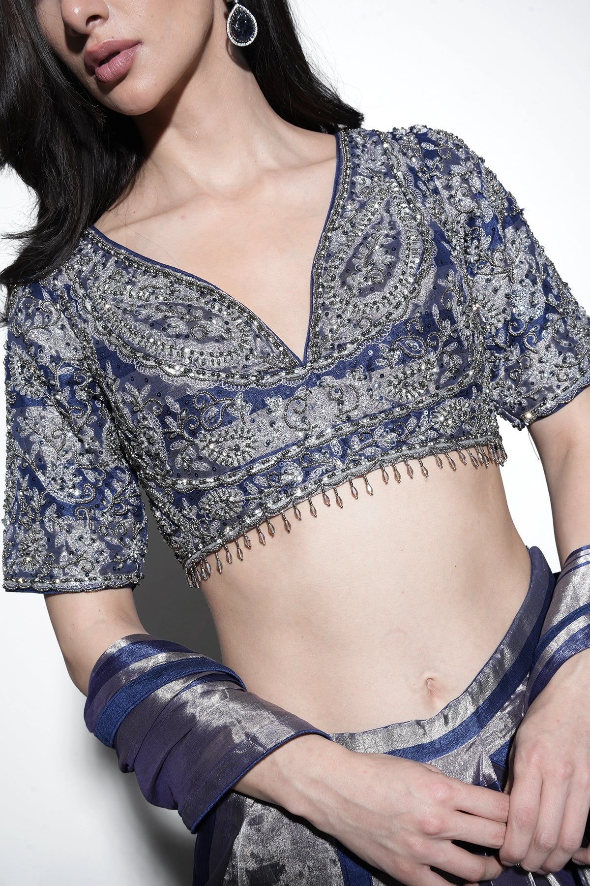 navy blue and silver pre-draped saree set in tissue