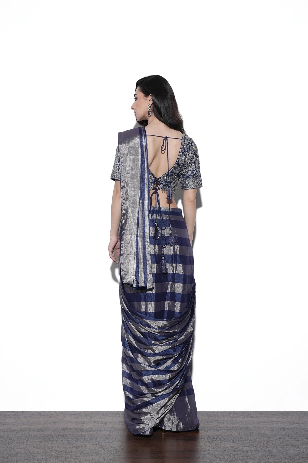 navy blue and silver pre-draped saree set in tissue