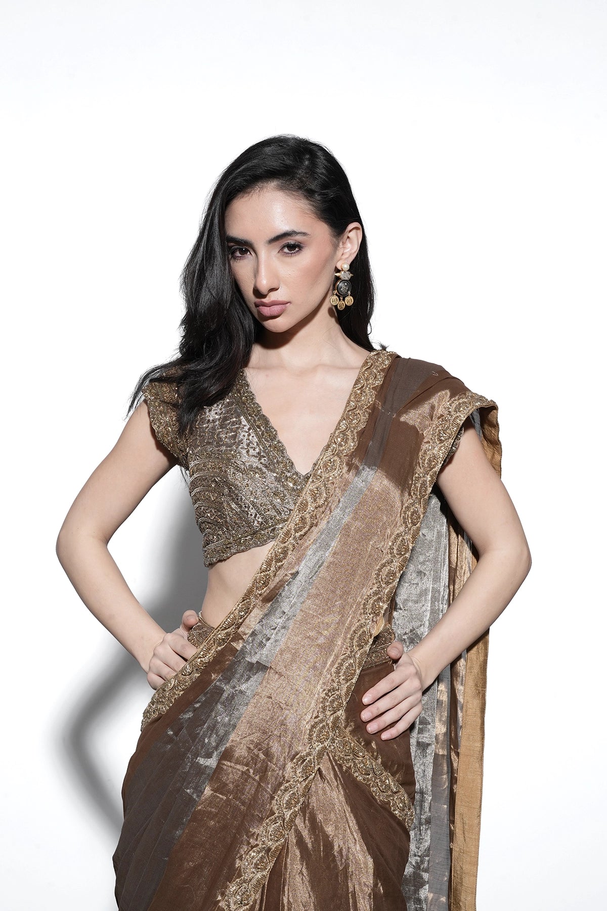 Bronze and silver pre-draped saree set in tissue