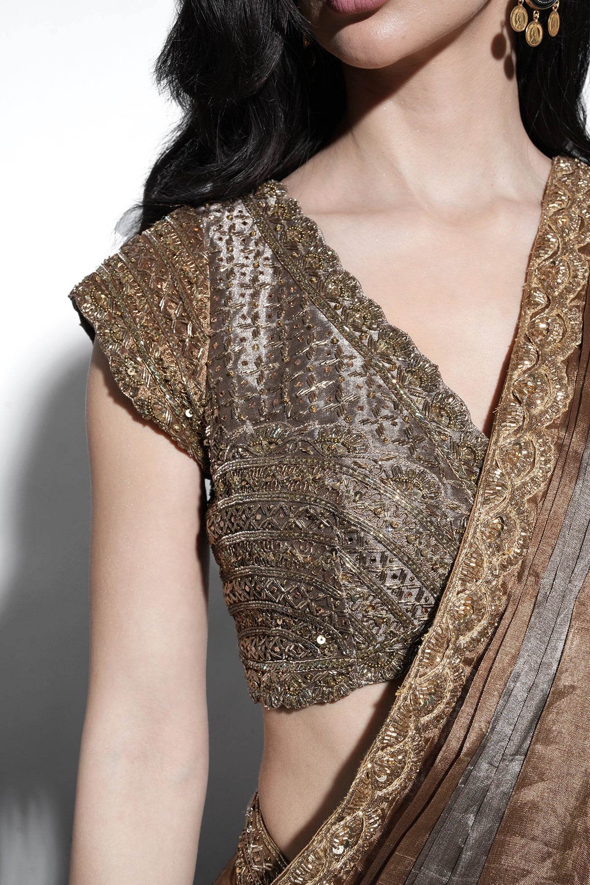 Bronze and silver pre-draped saree set in tissue