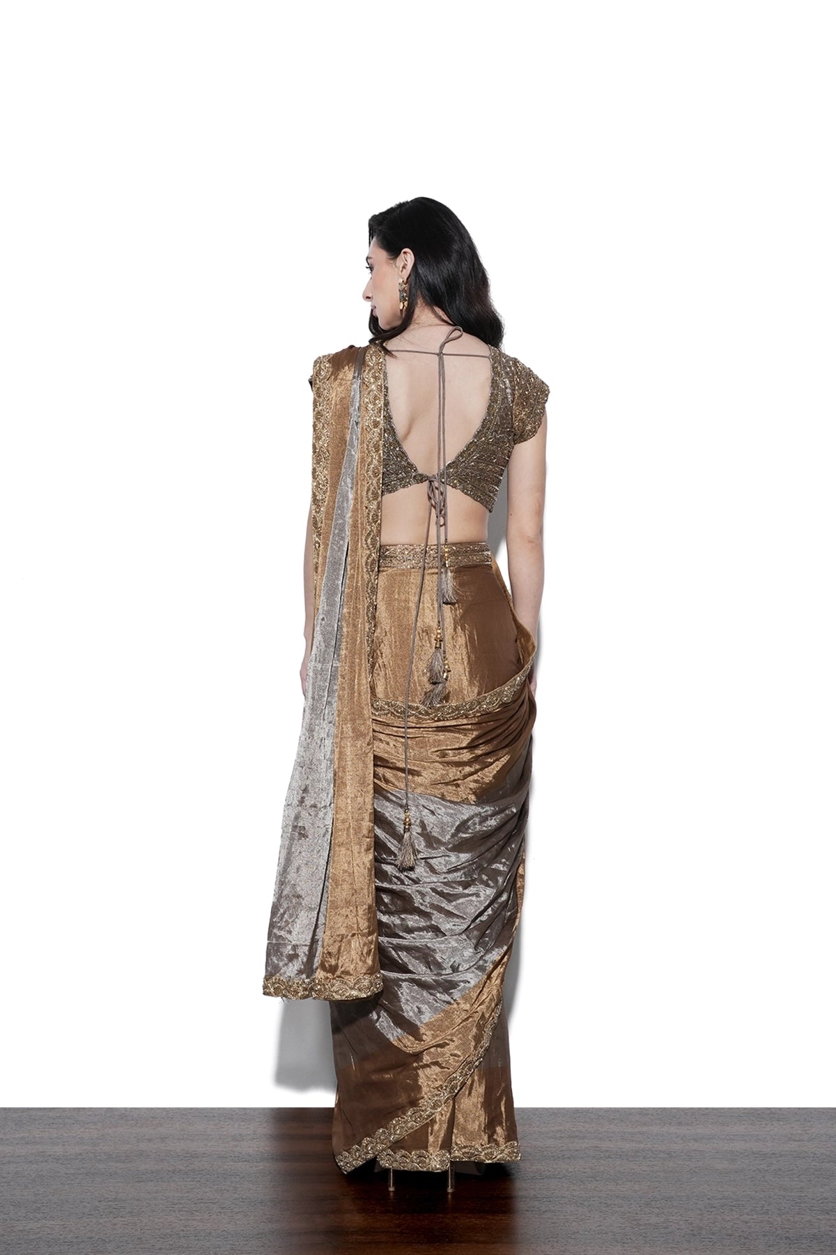 Bronze and silver pre-draped saree set in tissue