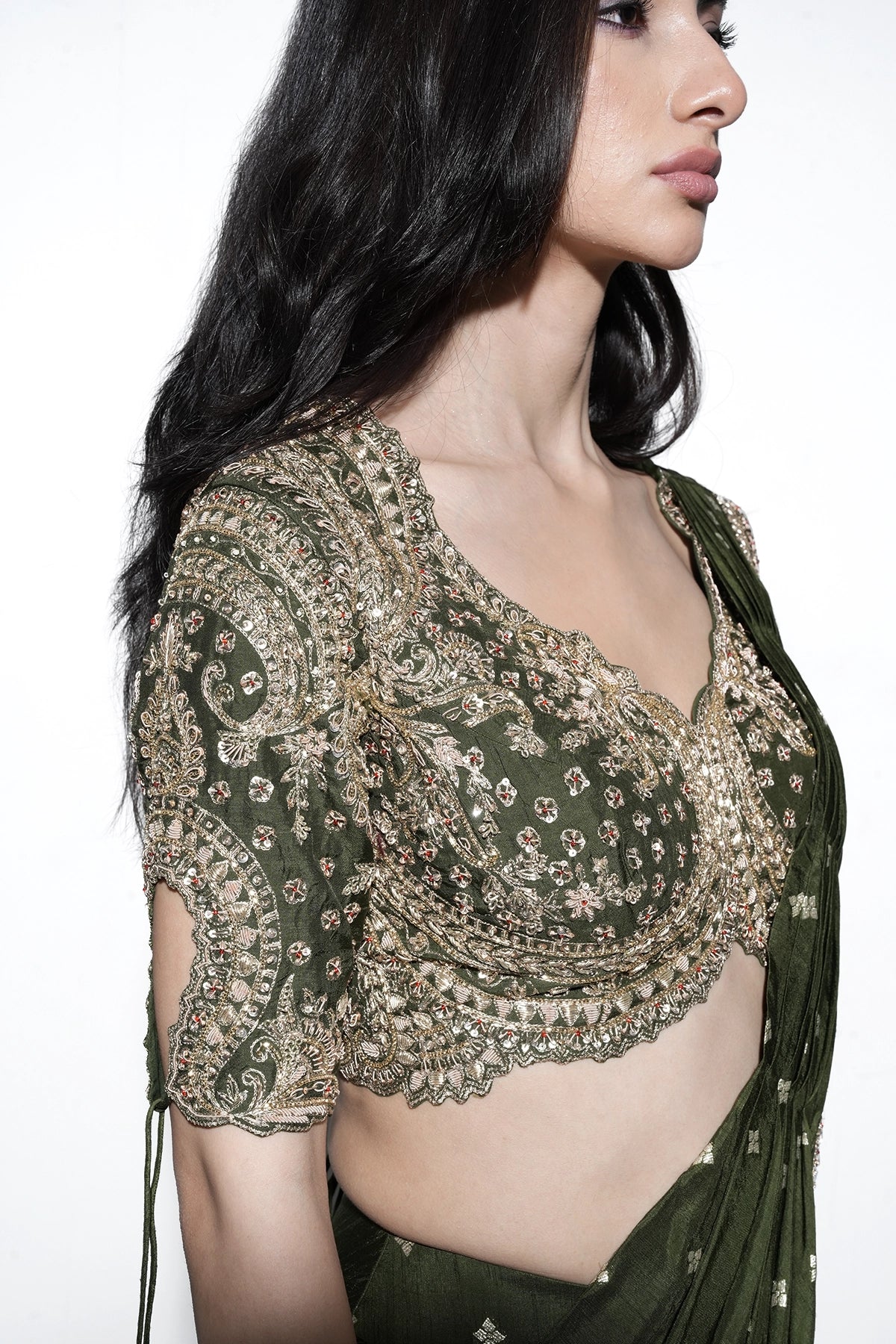 Mehendi green pre-draped saree in banarasi weave with blouse set