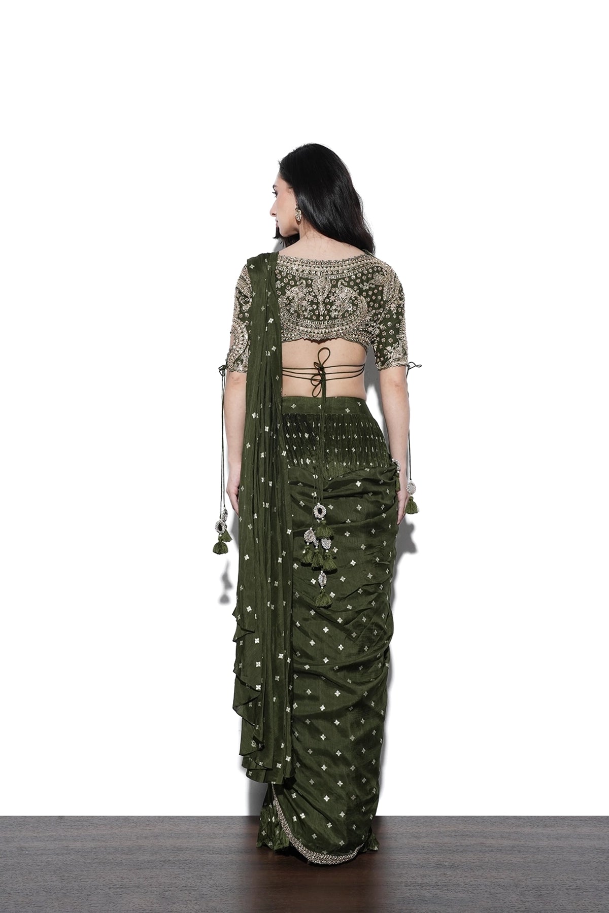 Mehendi green pre-draped saree in banarasi weave with blouse set