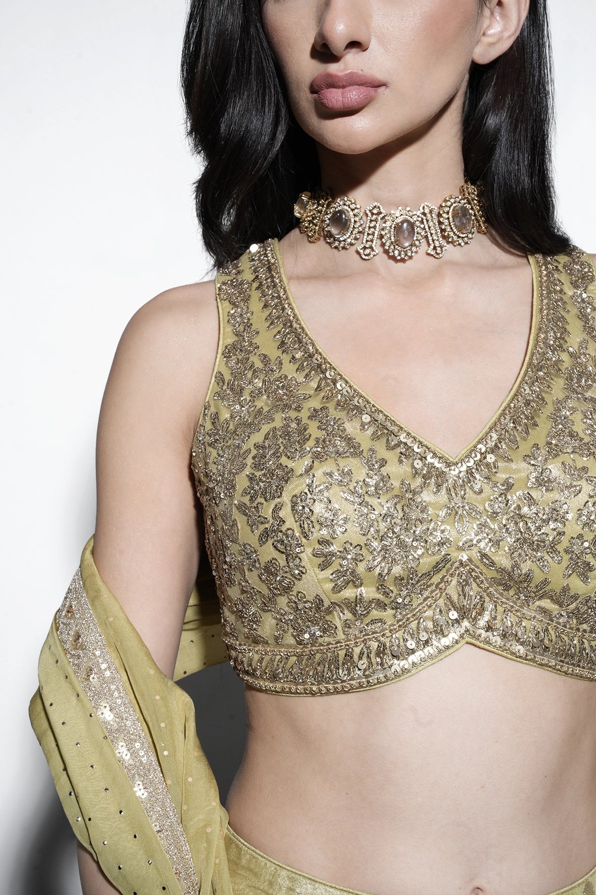 lime green banarasi tissue lehenga set