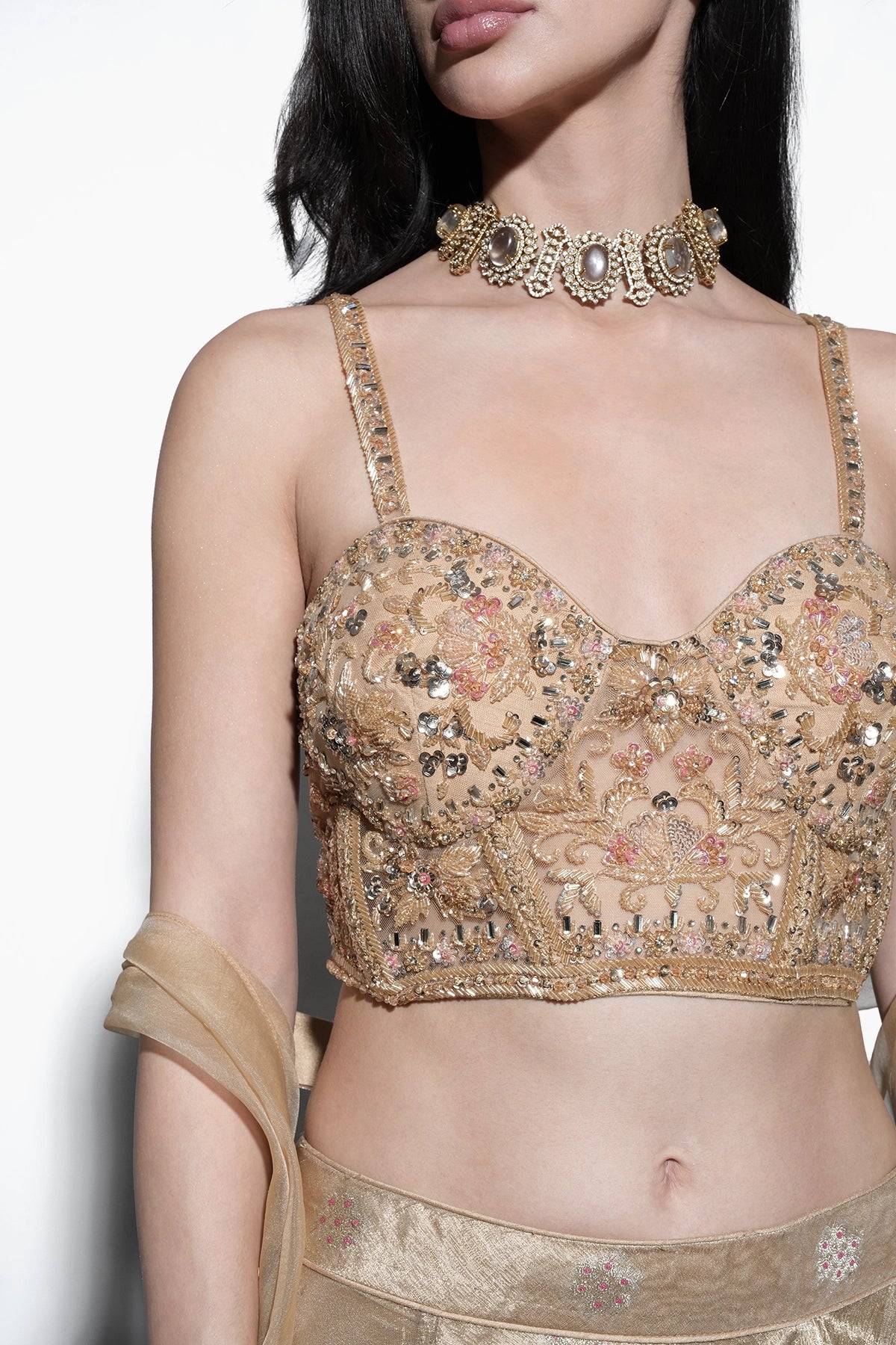 beige gold banarasi tissue lehenga with corset blouse and organza dupatta set