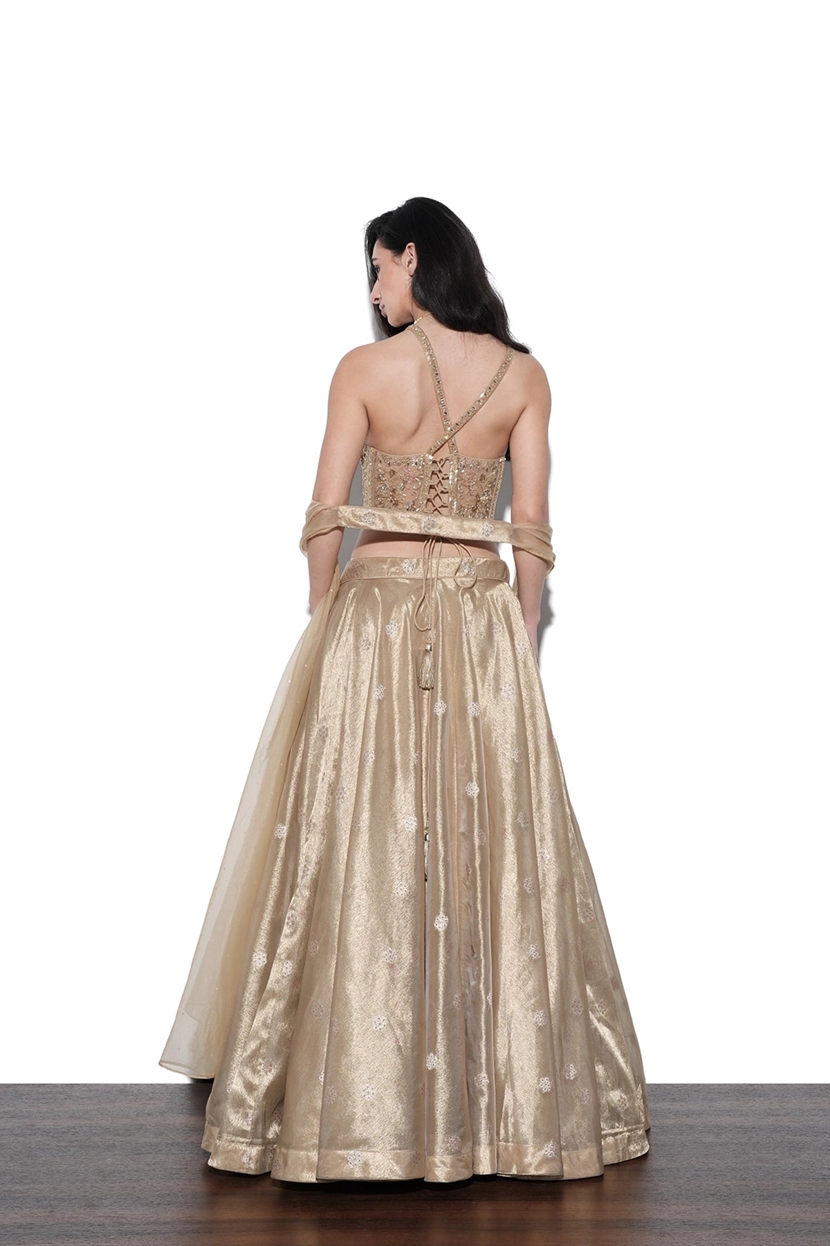 beige gold banarasi tissue lehenga with corset blouse and organza dupatta set