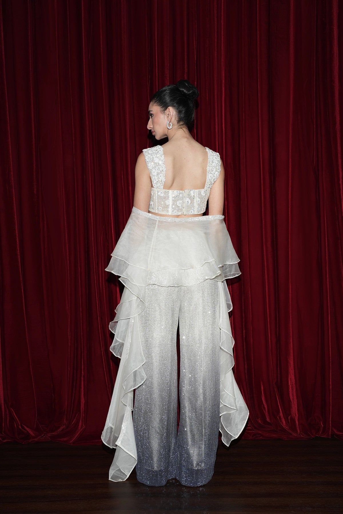 grey and white ombre sequin palazzo and bustier blouse with double ruffle dupatta set