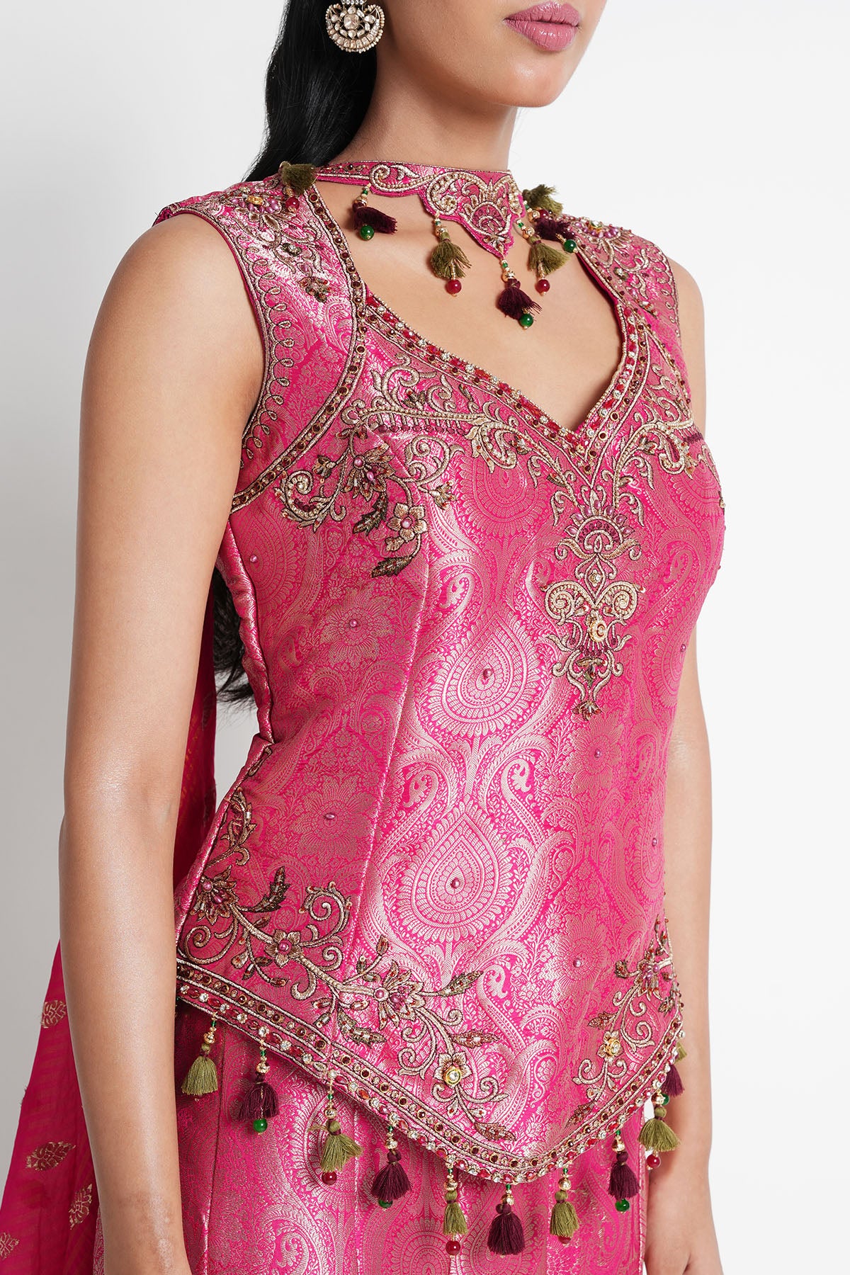 Rani Pink Suit Set in Banarasi Tissue