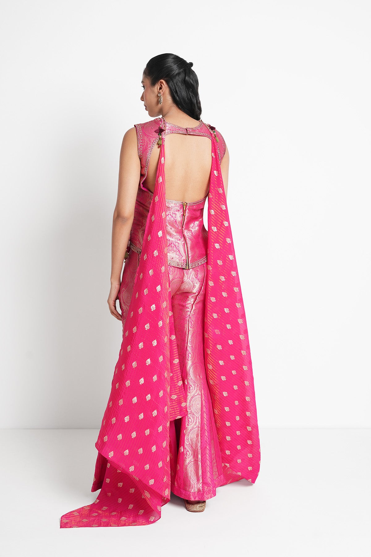 Rani Pink Suit Set in Banarasi Tissue