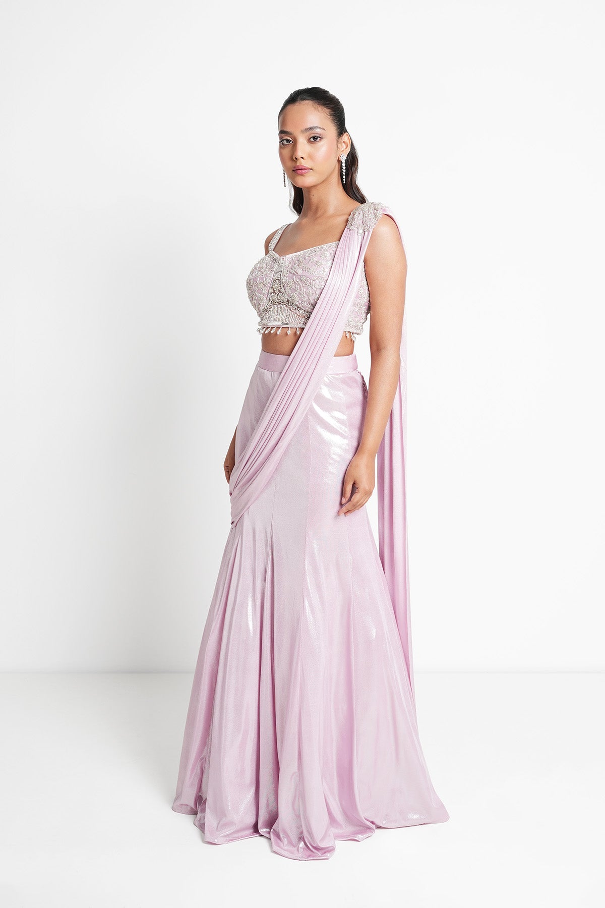 Icy Pink Fishcut Saree set in Shimmer Lycra
