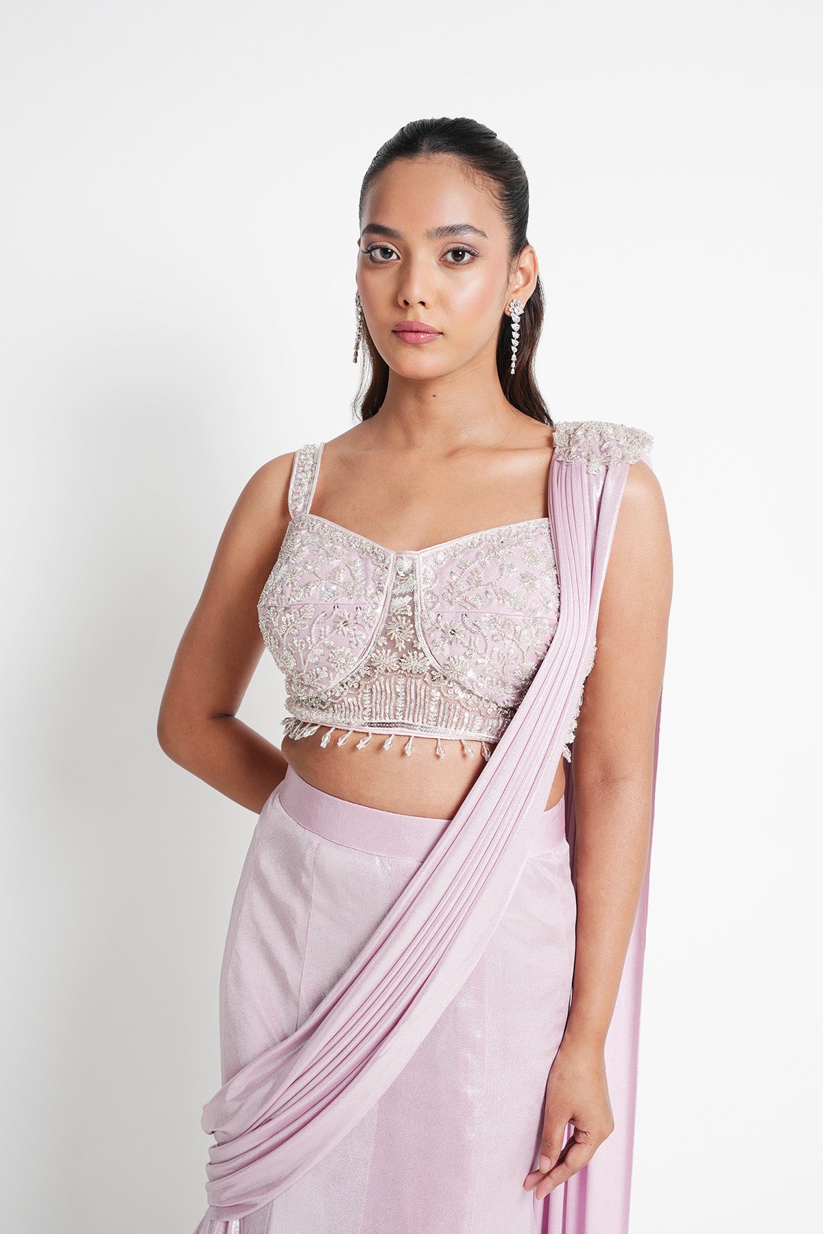 Icy Pink Fishcut Saree set in Shimmer Lycra