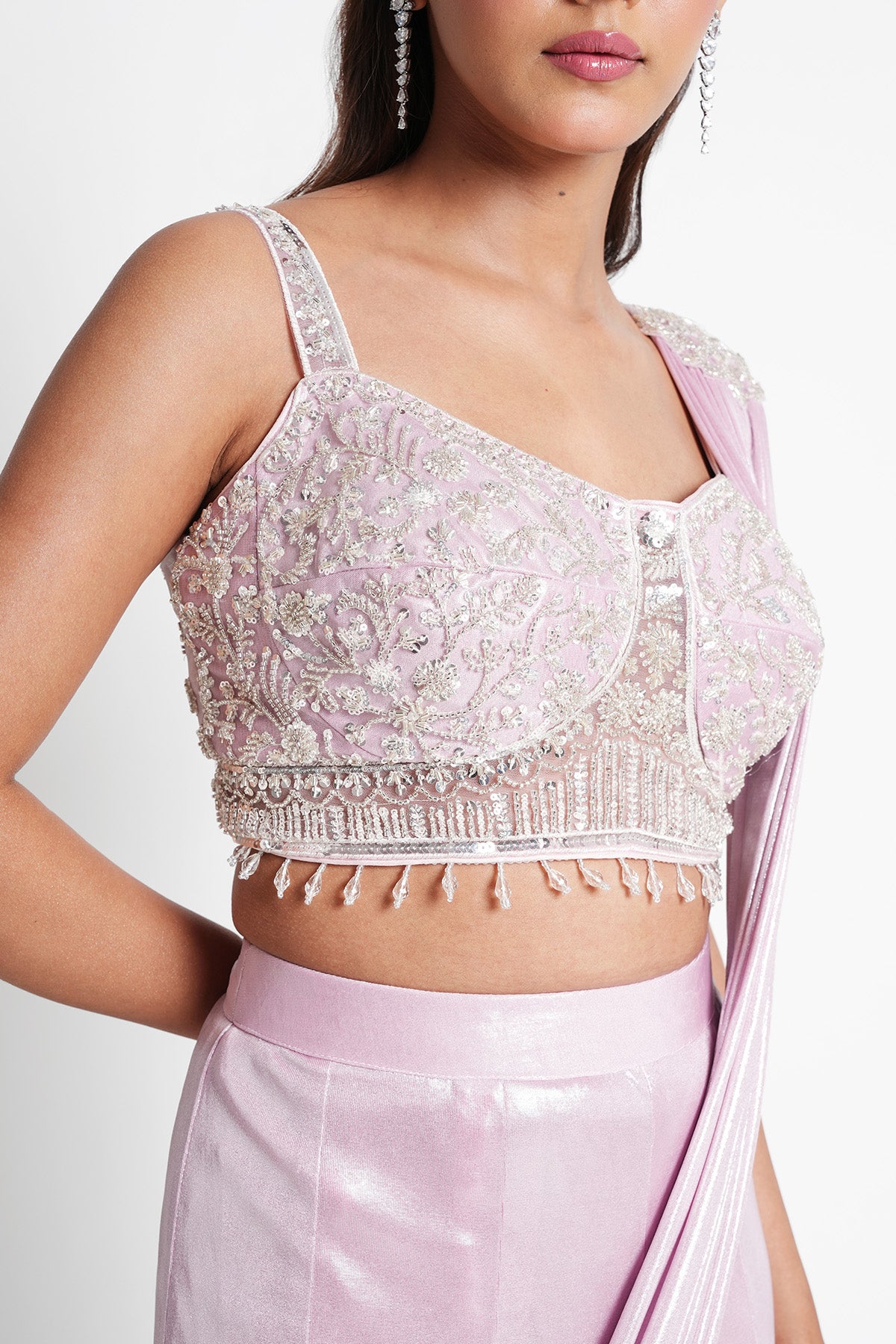 Icy Pink Fishcut Saree set in Shimmer Lycra