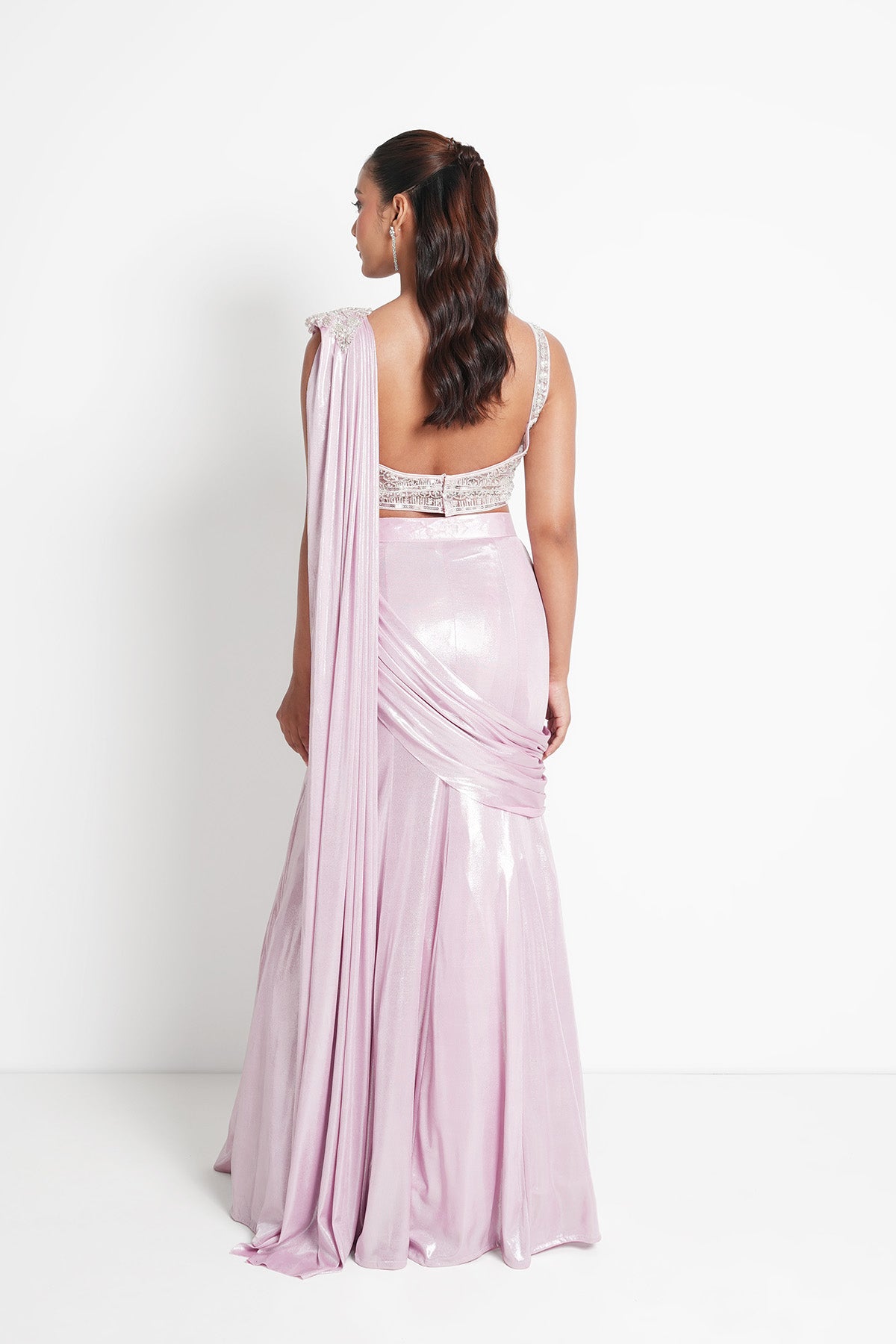 Icy Pink Fishcut Saree set in Shimmer Lycra