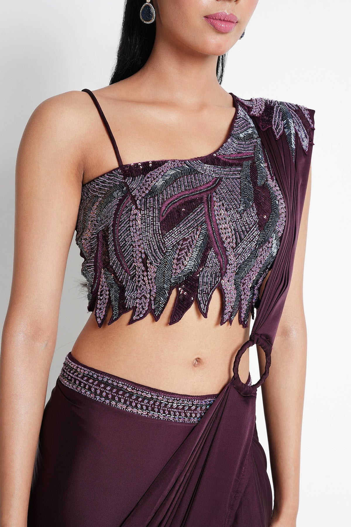 Plum Muse Pre-draped Saree in Satin with one-shoulder blouse