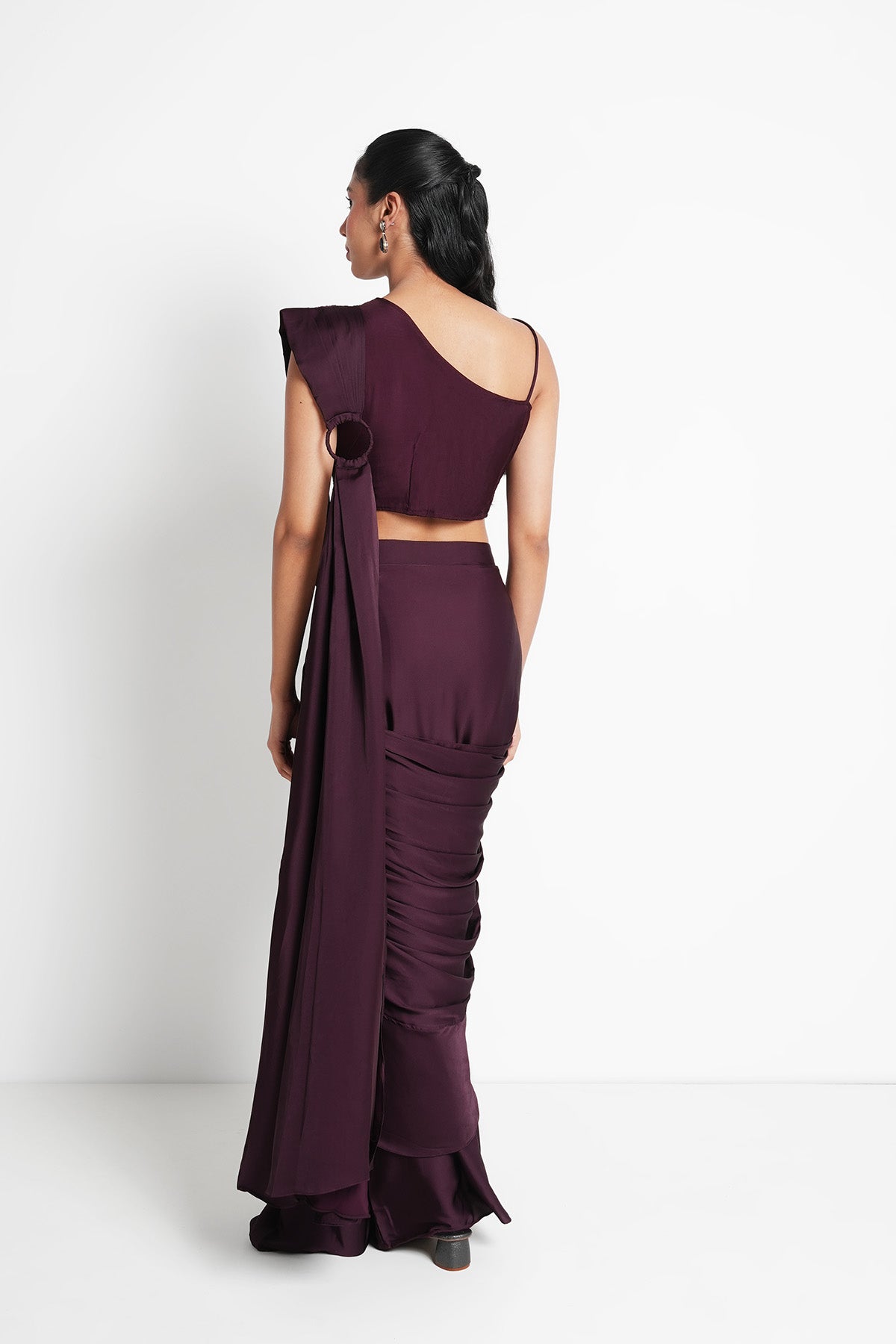 Plum Muse Pre-draped Saree in Satin with one-shoulder blouse