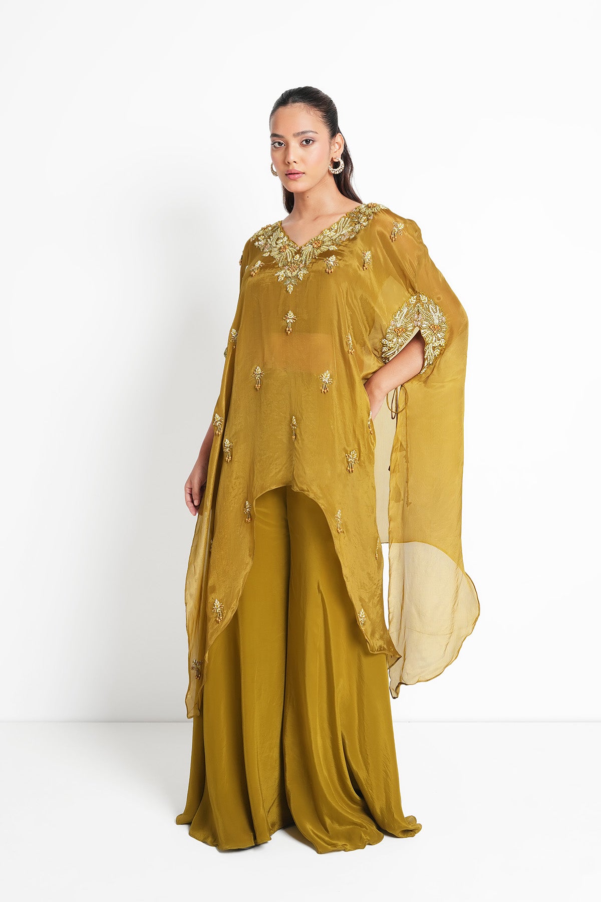 Antique Lime Green Kaftan Set in Opada Silk and Crepe