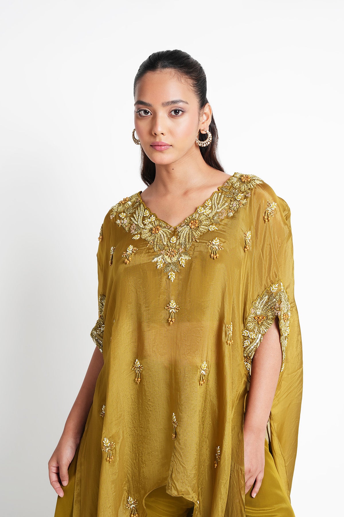 Antique Lime Green Kaftan Set in Opada Silk and Crepe