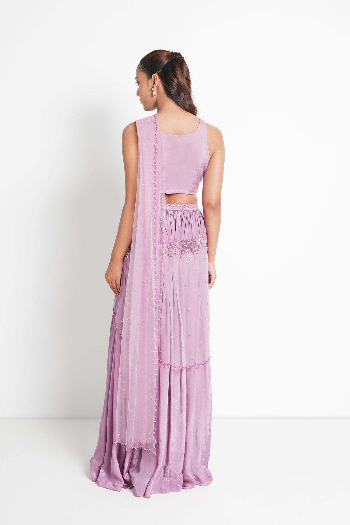 Blush Lilac Pre-draped Saree Set with Halter Neck Top