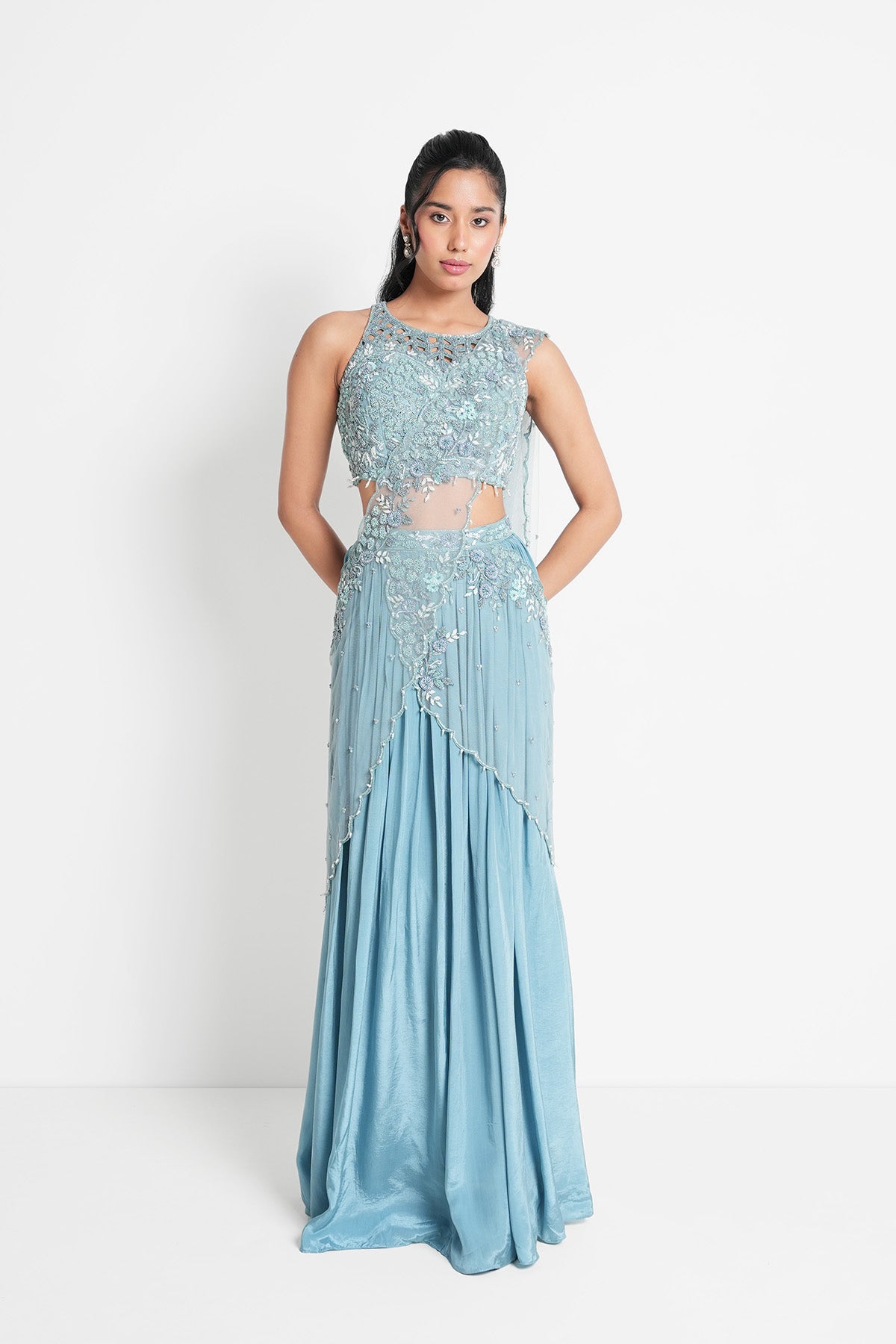 Light Blue Pre-draped Saree Set with Halter Neck Top