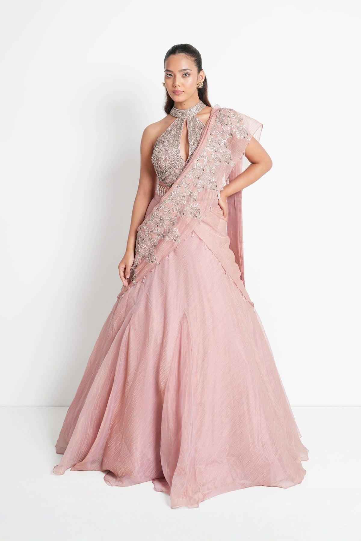 Antique Blush Pink Lehenga saree crafted in Tissue with halter neck blouse
