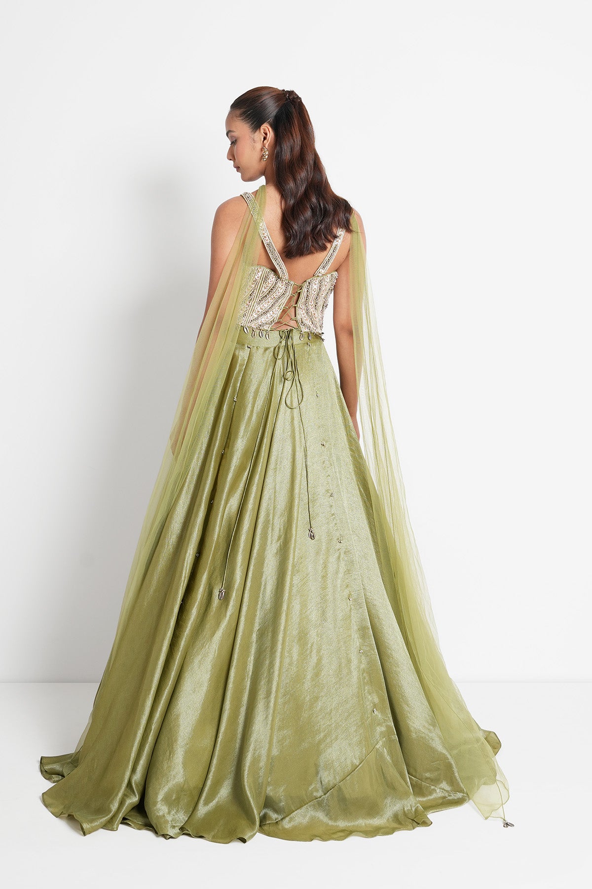Olive Champagne Green Corset Lehenga set in Tissue