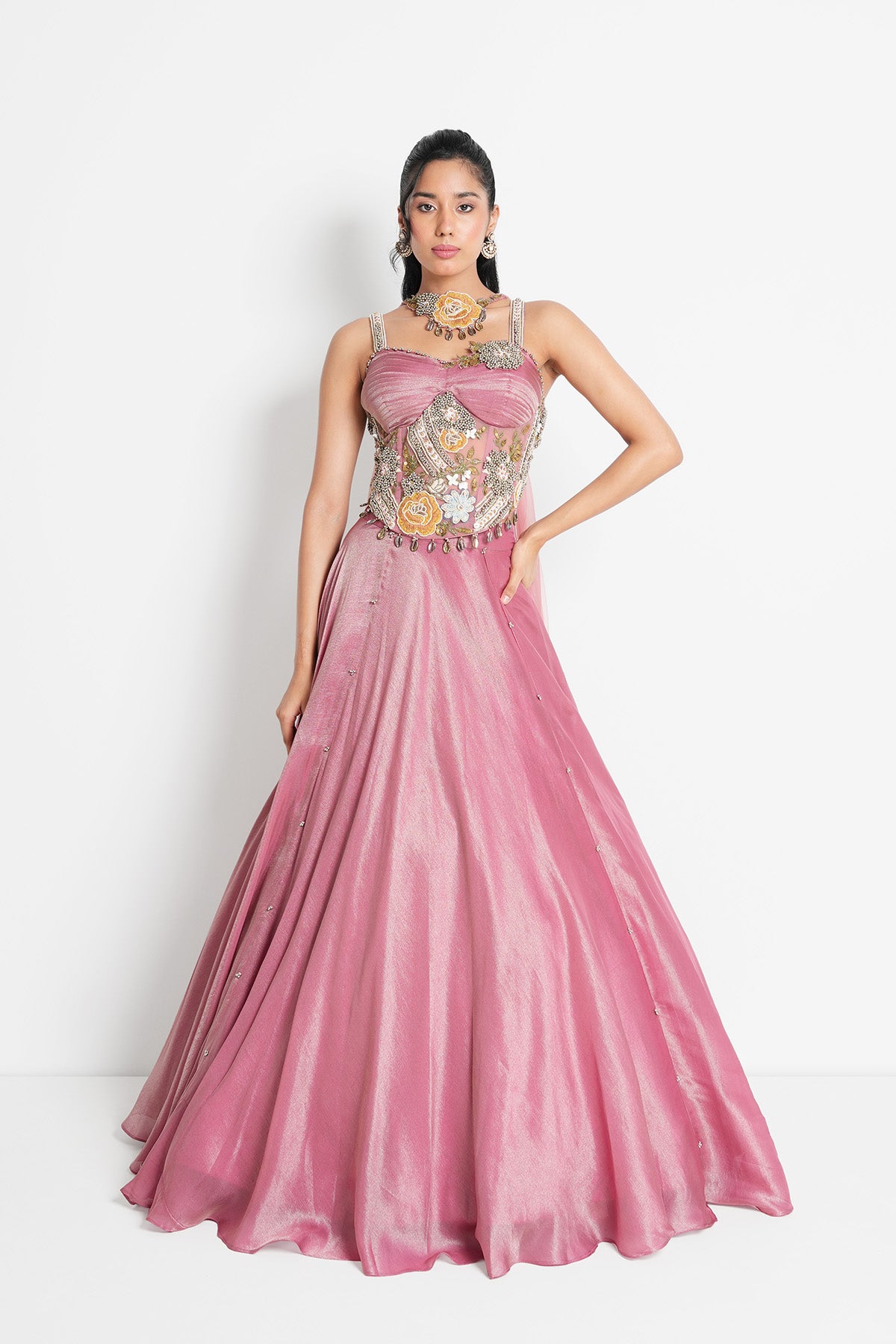 Dusty Rose Pink Corset Lehenga set in Tissue
