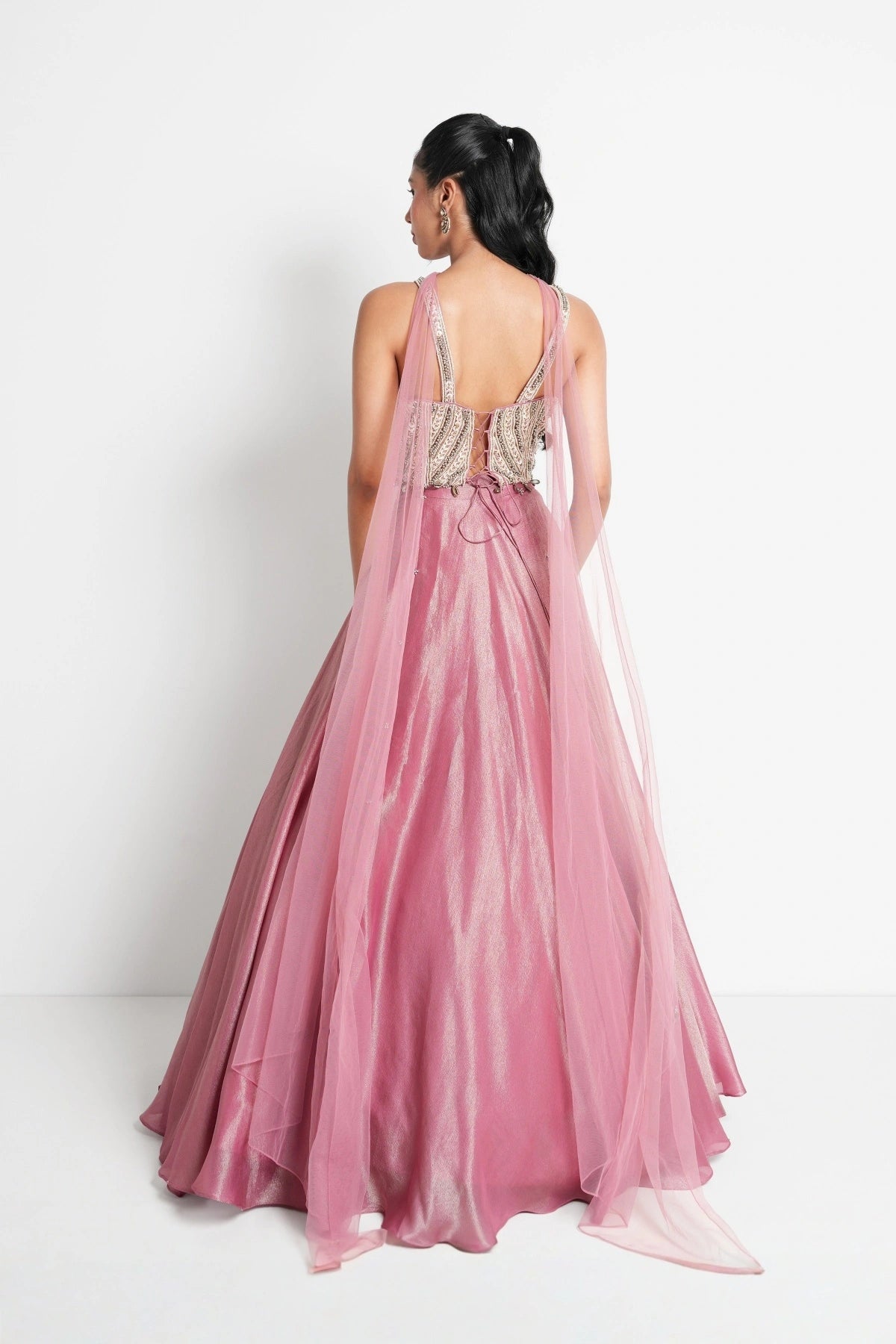 Dusty Rose Pink Corset Lehenga set in Tissue