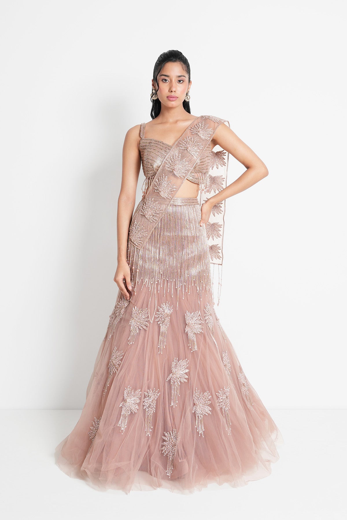 Dusty Rose Fishcut Lehenga Saree Set